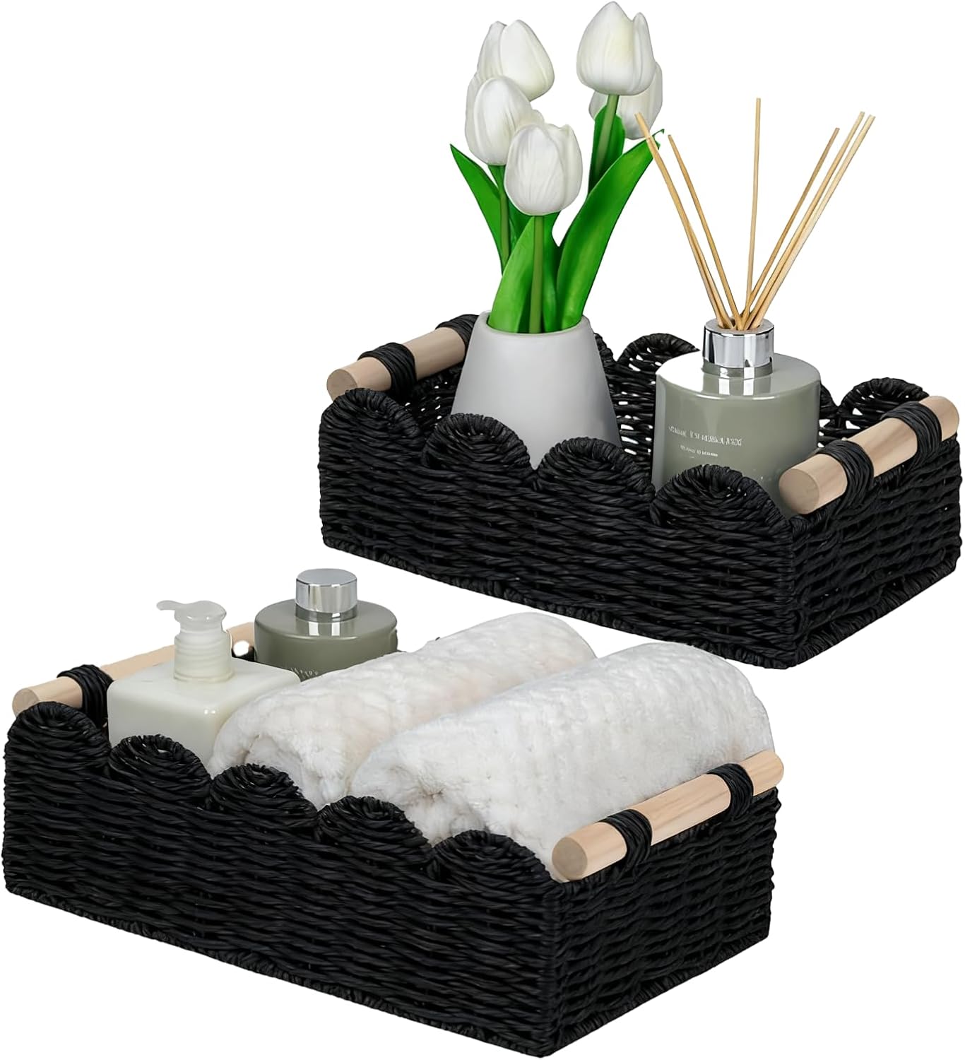 Black Scalloped Edge Storage Baskets with Wood Handle, Set of 2 – Decorative Paper Rope Organizer Bins for Bathroom, Shelf & Countertop