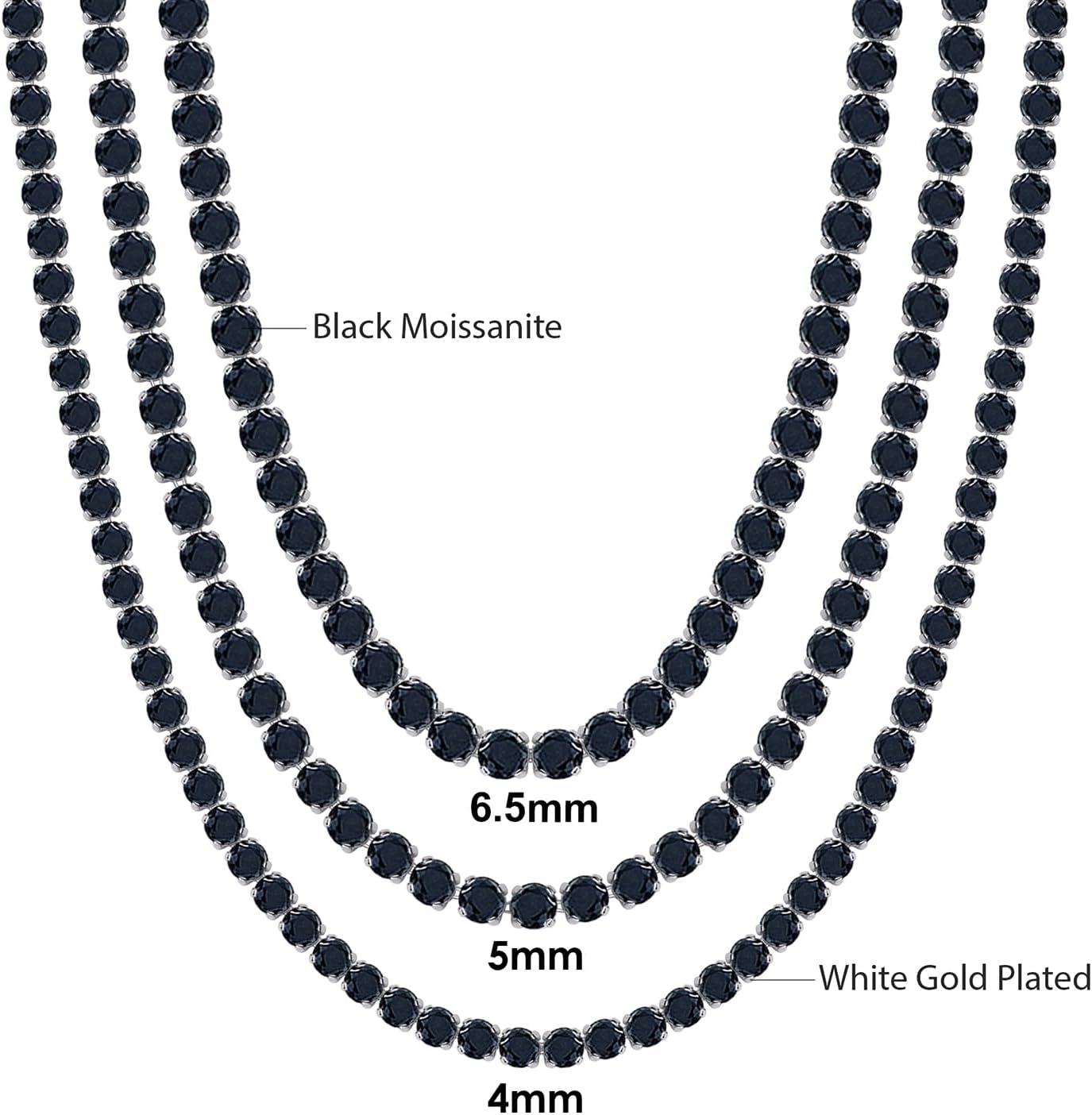 SAVEARTH DIAMONDS Round Cut Lab Created Black Moissanite 3MM To 6.5MM Width Tennis Chain Necklace For Men Women In 14K Black Rhodium Plated Sterling Silver, (VVS1 Clarity, 12.45cttw to 84.20cttw)