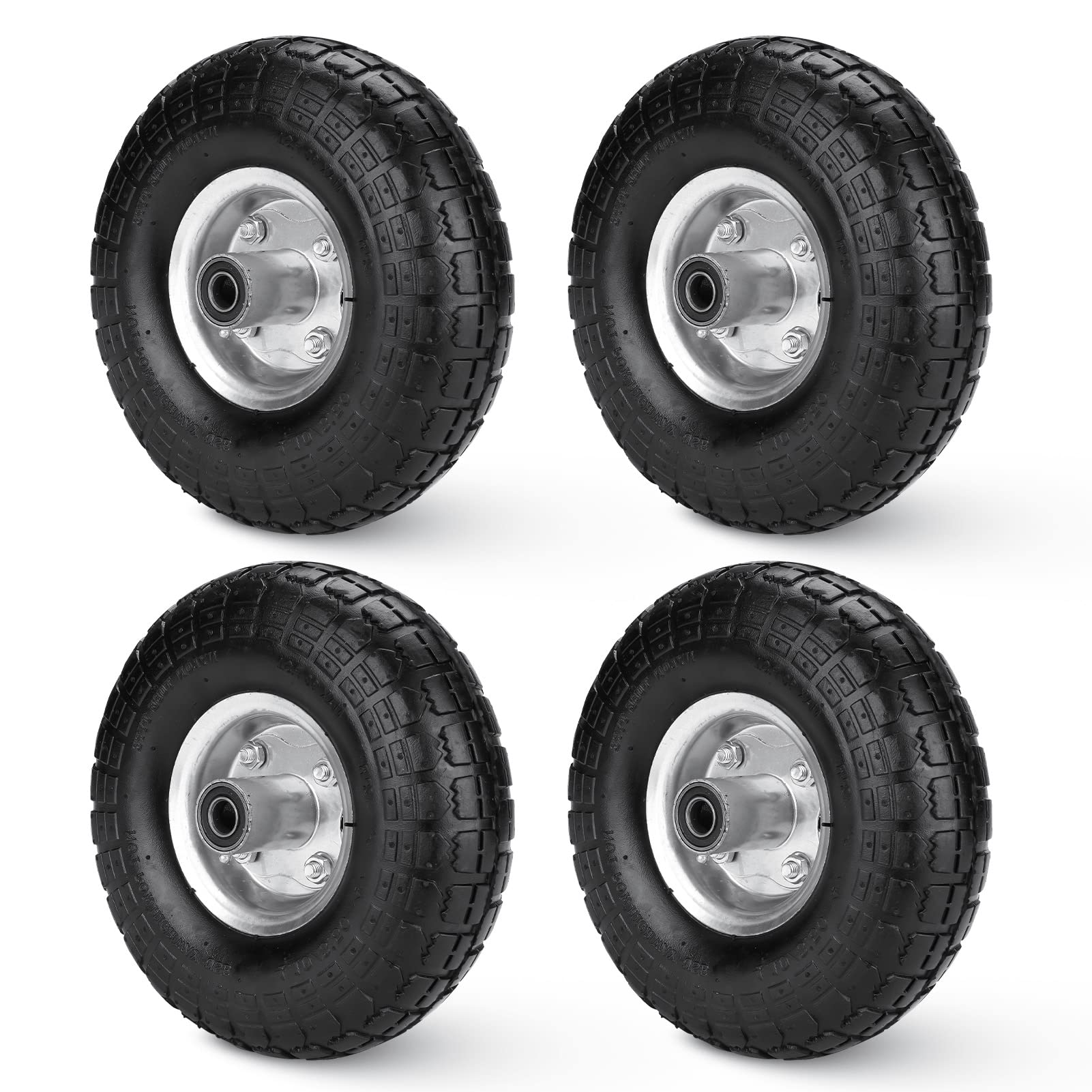 Heavy Duty Mower Tires on Wheel 4.10/3.50-4" with 10" Inner Tube, 5/8" Bushing Size, 2.2" Offset Hub, Pneumatic 4Pr Turf Tire for Lawn Mowers & Tractors (4 Pack)