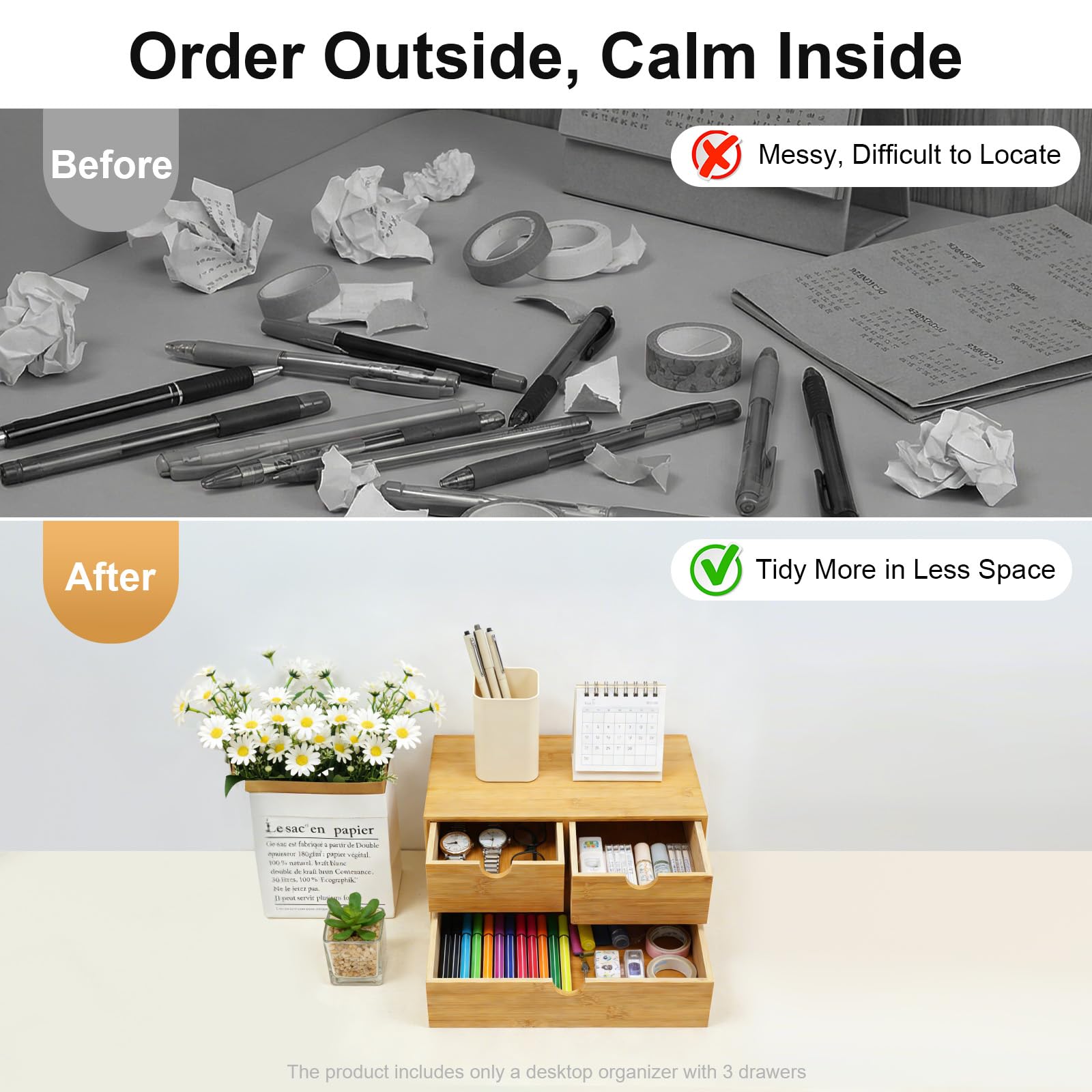 Bambus Schreibtisch Organizer mit Schubladen Schubladenbox Bambus Mini Kommode, einteiliges Design, Regalkasten Schminkkasten mit 3 Schubladen für Büro Wohnzimmer und Schlafzimmer