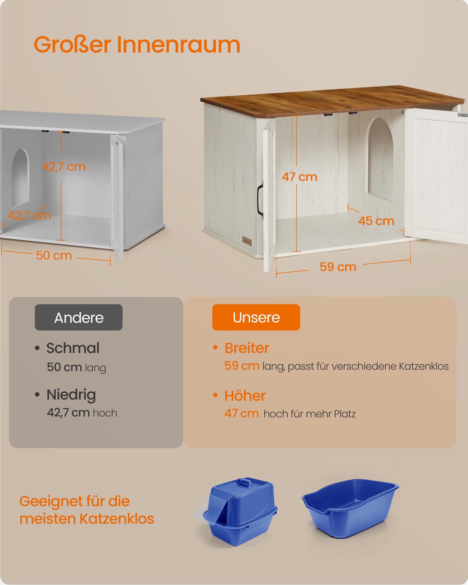 Feandrea Katzenhaus, Katzenklo-Schrank modern, Vordereingang, mit Doppeltür und Griffen, als Sideboard, 85 x 48,5 x 50 cm, honigbraun-vintageweiß PCL012K01