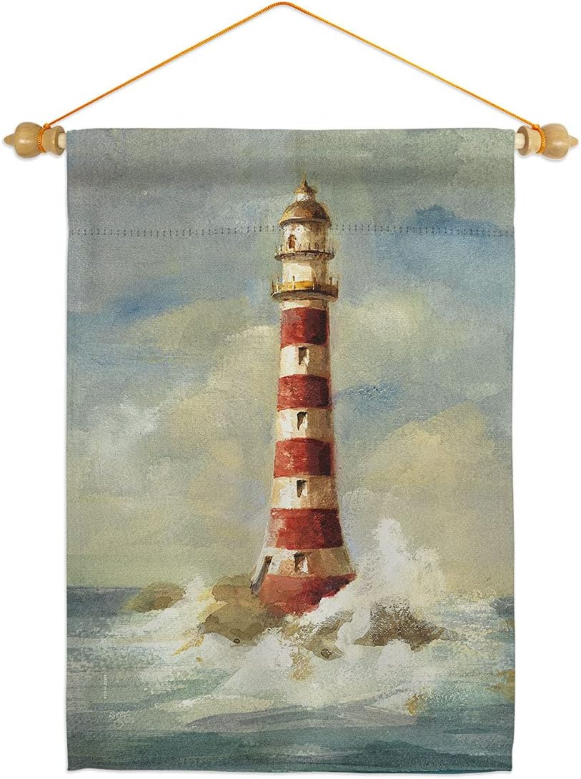 Lighthouse by the Sea Garden Flag Set Wood Dowel Coastal Nautical Anchor Sailor Shells Outdoor Summer Ocean Small Decorative Gift Yard House Banner Made In USA 13 X 18.5