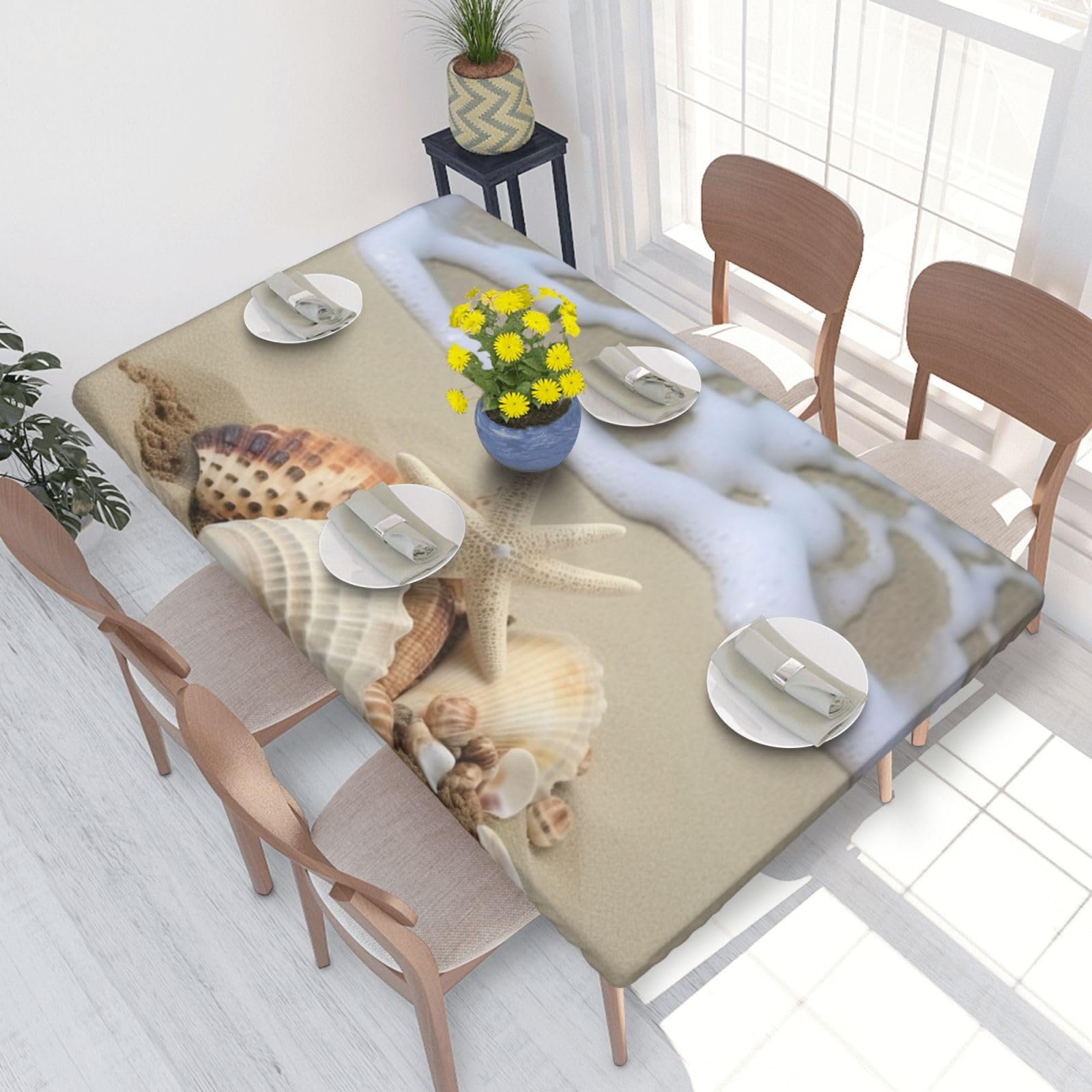 DCARSETCV Beach Seashell pattern Printed 4FT Waterproof Tablecloth with Elastic Edged Protect & Decor Your Table, Oil-proof Washable Table Cloth Cover for Dinner Picnic Party