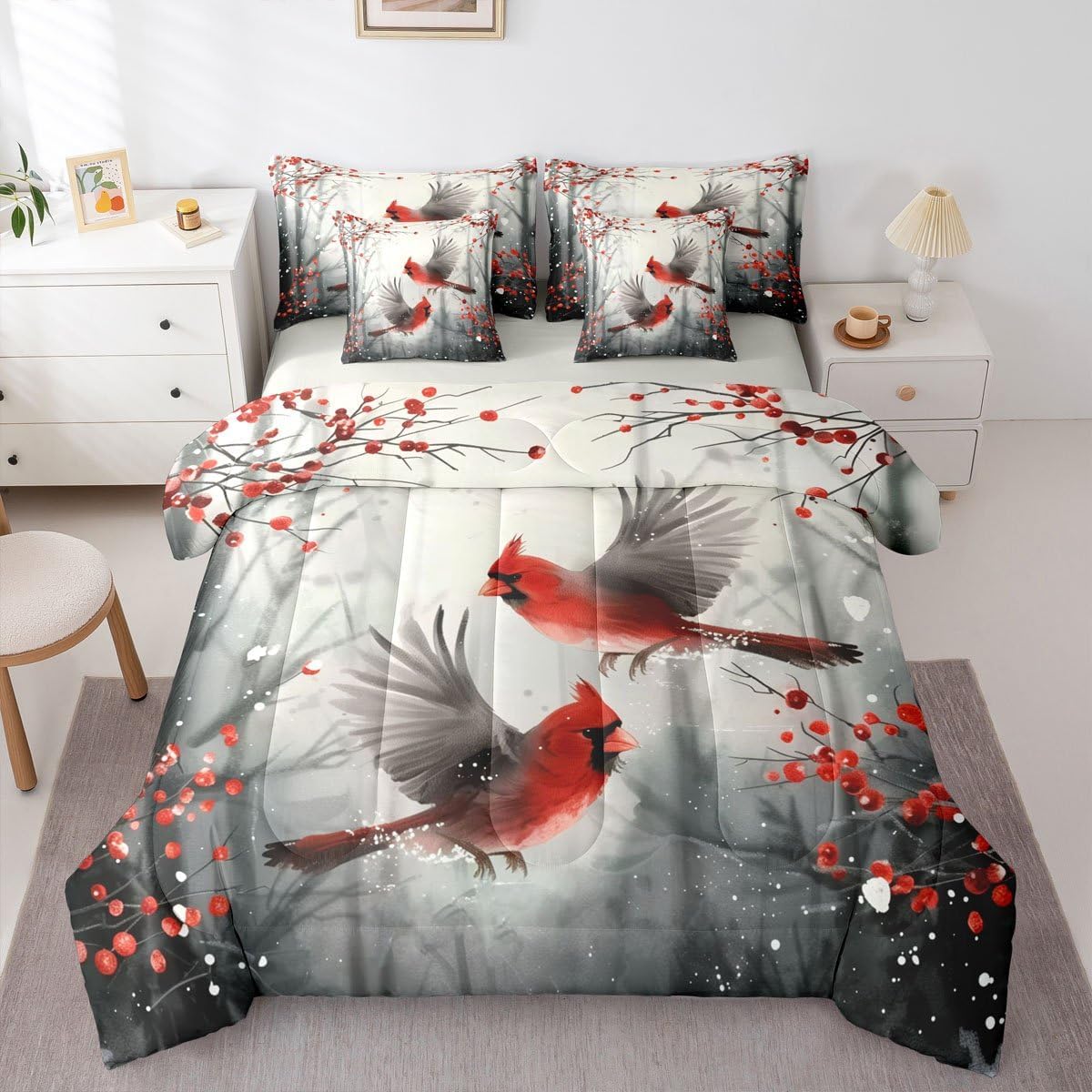 Erosebridal Red Cardinals King Size 7 Piece Bedding Set for Kids Christmas Berries Bed in A Bag Cute Birds Animal Comforter Set for Girls Boys Teens Bedroom Decor Branches Xmas Decorations Bed Sets