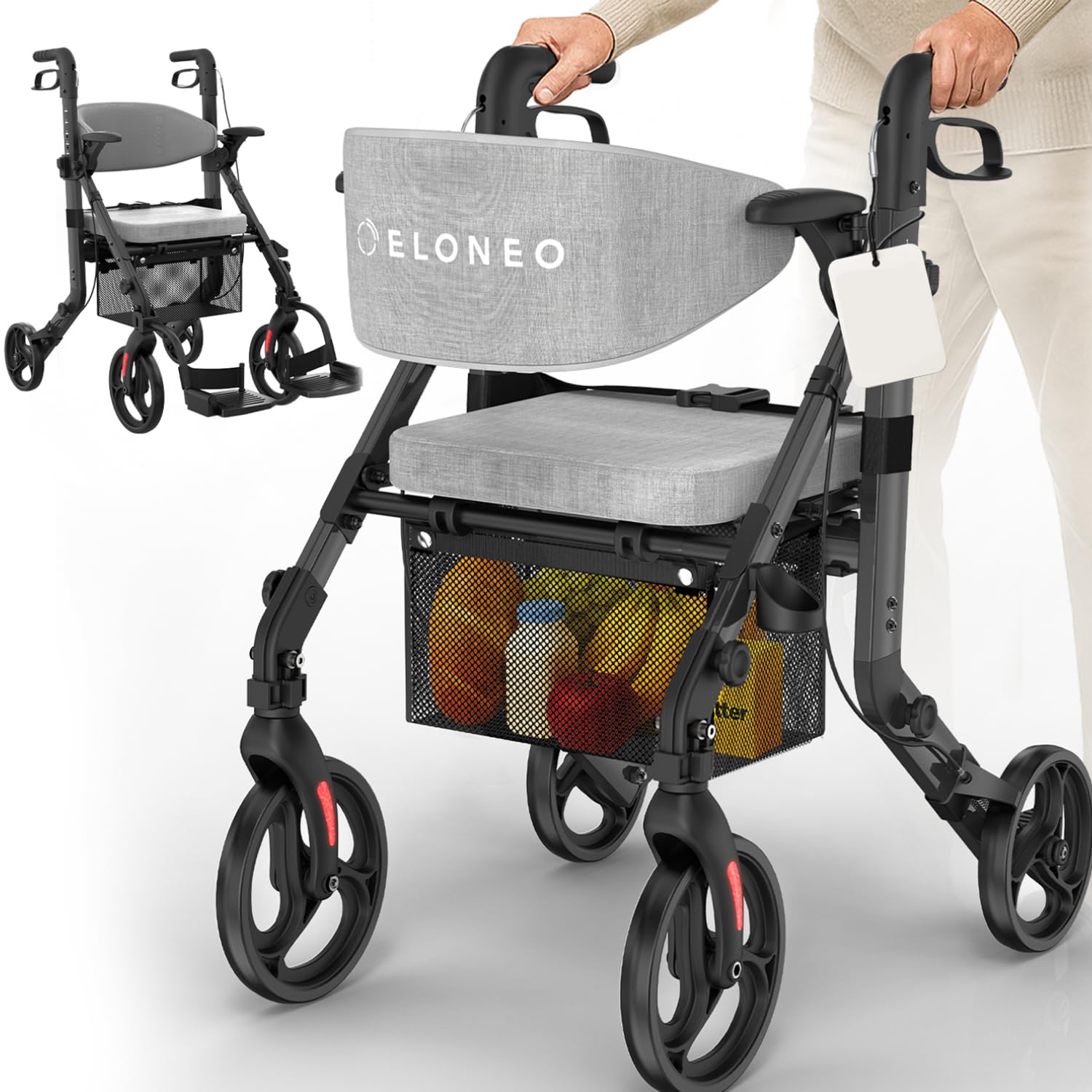 ELONEO Silla de Ruedas y Andador 2 en 1 plegable y ligero con asiento, Andador todoterreno convertible en silla de ruedas, Ayuda de movilidad de aluminio, Silla de transporte, negro