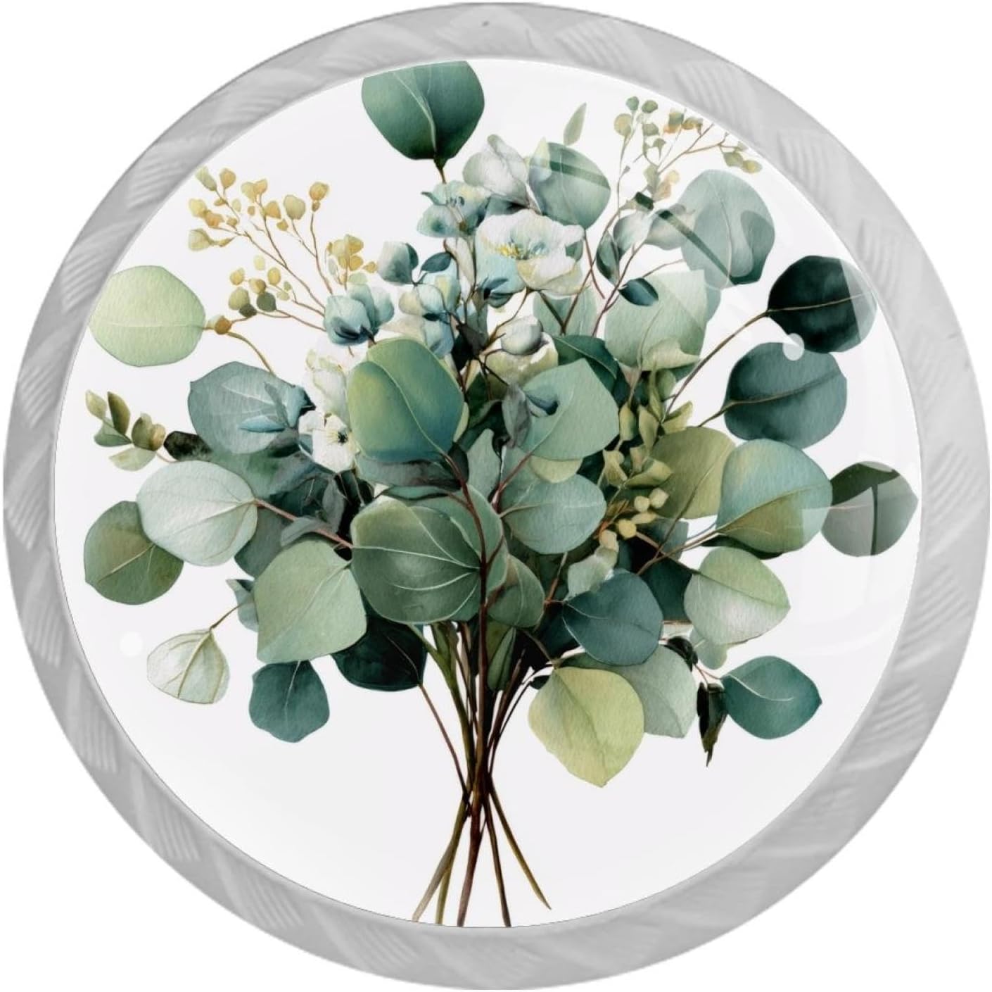 NEWzone 4 Pack Dresser Drawer Cabinet Knobs Sage Green Eucalyptus Bouquet Round Shape Crystal Glass Knobs Pulls Handles for Kitchen Wardrobe Cupboard Door Hardware with Screws, 35mm