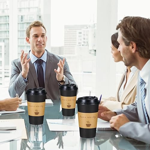 Miniatura 3 de Lamosi Paquete de 50 tazas de café de 16 onzas, tazas para llevar de 16 onzas con tapas, palitos y mangas, tazas de café desechables de 16 onzas,