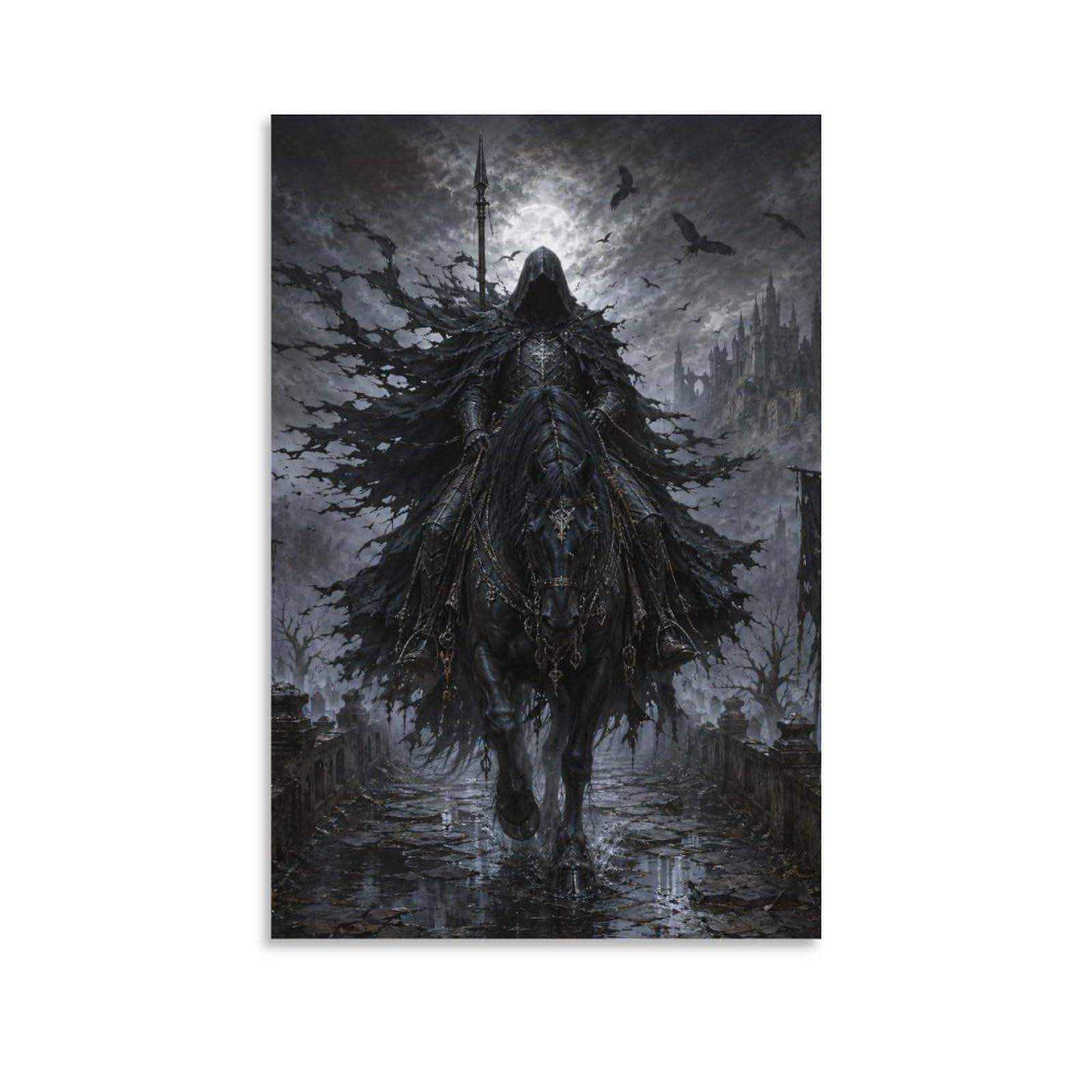 W7C8U2X3 Storm Castle Horseman Canvas Wall Art, Medieval Fantasy Wall Art