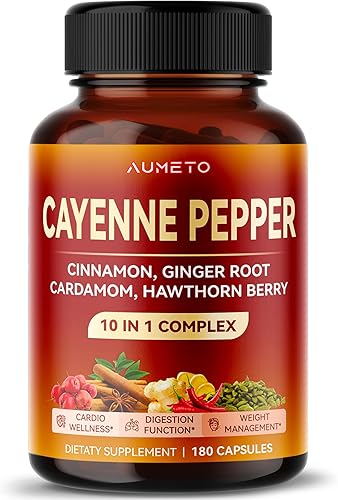 AUMETO Pimienta de Cayena Ultra Complejo de 15,400 mg con canela, raíz de jengibre, cardamomo, baya de espino - Función de digestión, apoyo general
