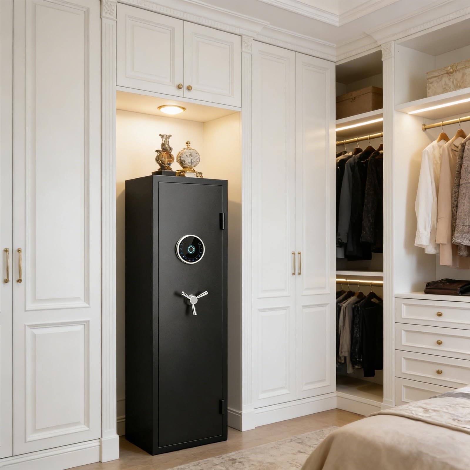 Armoire à Fusil 5 Armes Coffre-fort pour Fusils avec Empreinte Digitale et Serrure Fonction Alarme Éclairage LED pour Rangements des Armes Longues Maison