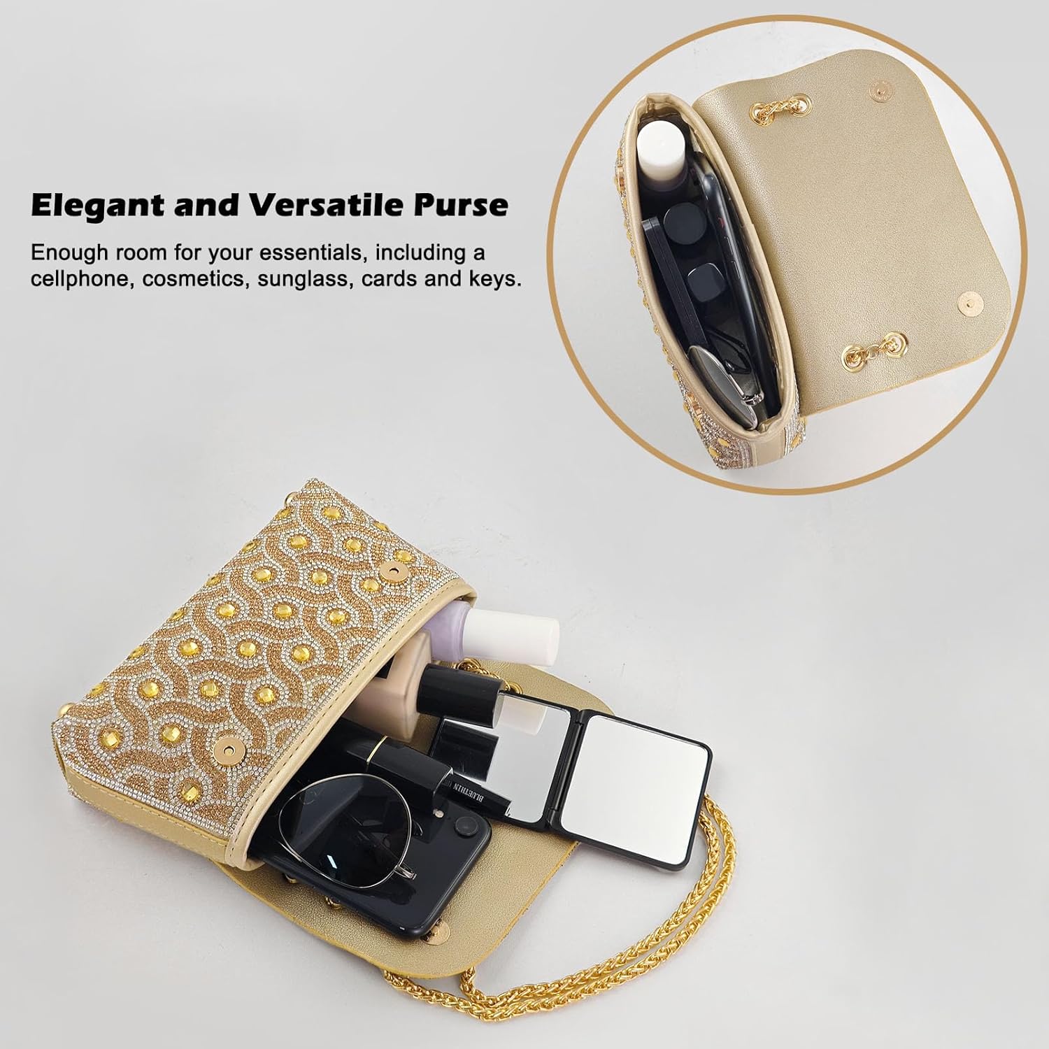 Rhinestone Evening Clutch Purse for Women - Sparkling Formal Handbag with Strap for Weddings, Parties, Prom, Cocktail - Image 5