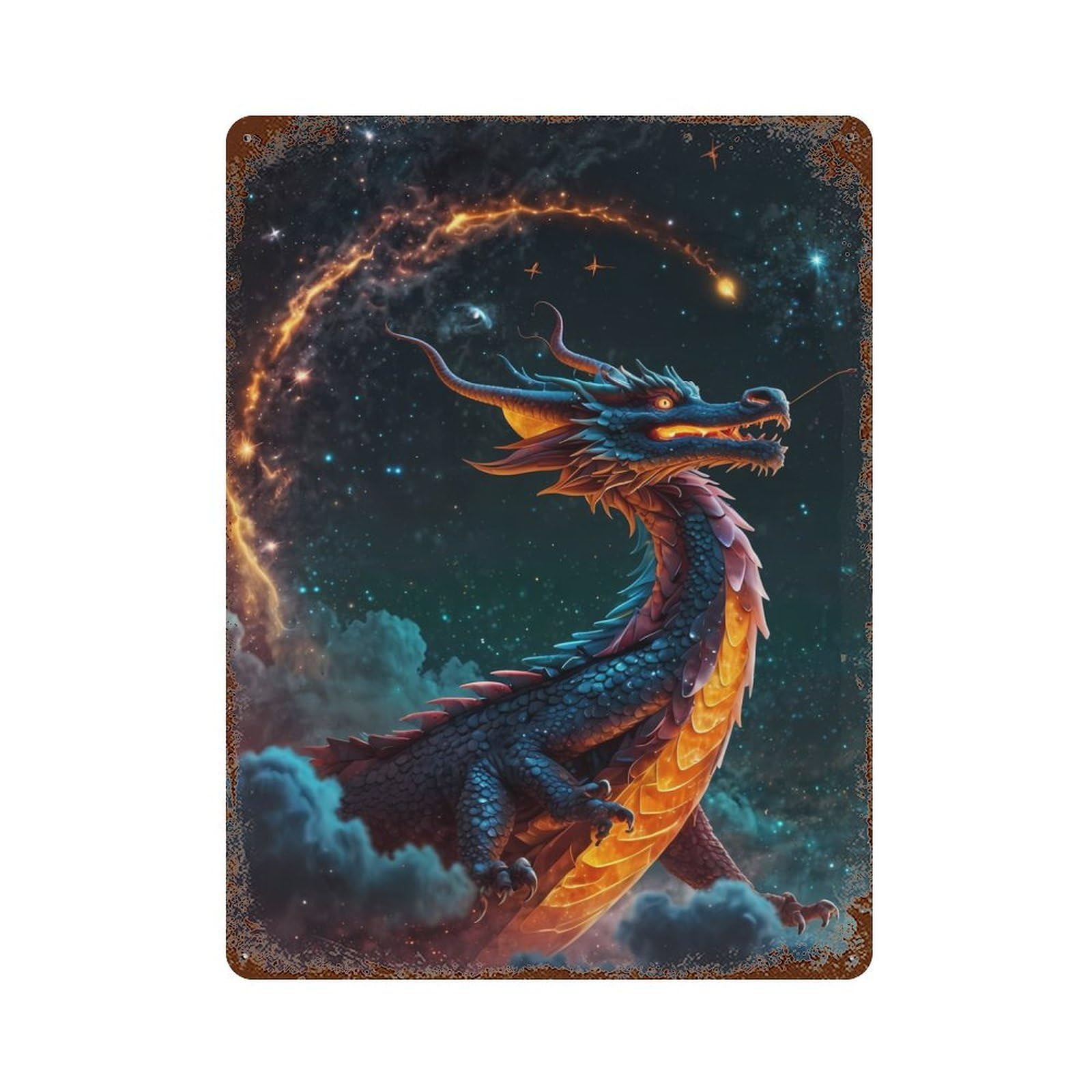 Garage Style Galactic Guardian Dragon Rusty Metal Tin Sign 15.7"x11.8", Industrial Home Decor for Bar And Workshop