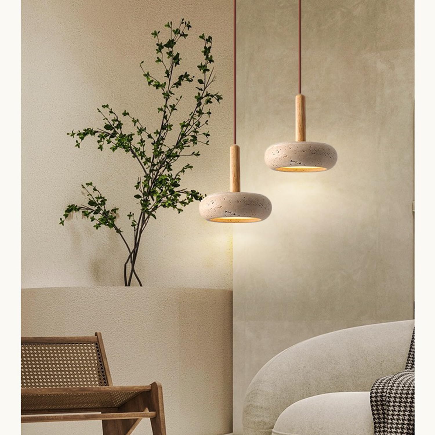 Żółty Trawertyn Wiszący Żyrandol Lampa Wisząca 5,9 Cala Naturalny Porowaty Trawertyn, Drewno, Dekoracja Artystyczna 3 Ściemnialne Lampy W Stylu Wabi-sabi W Stylu Przemysłowym