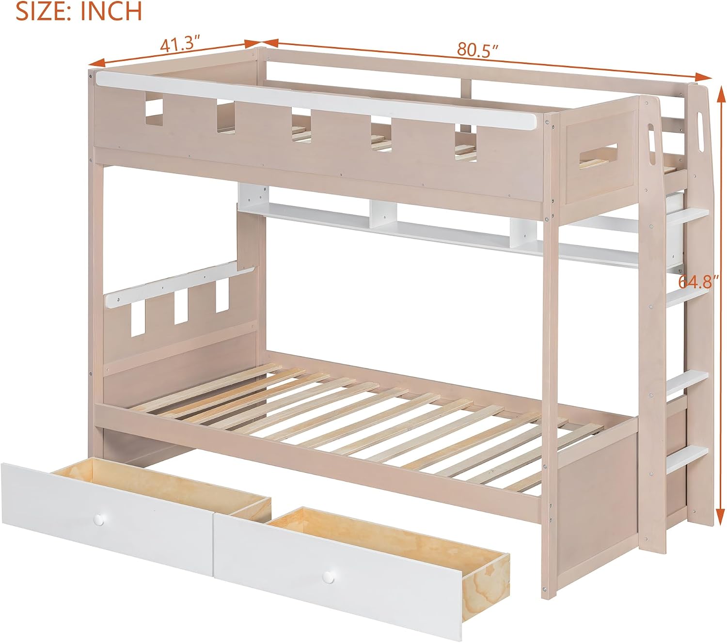 Twin Size Bunk Bed with 2 Storage Drawers，Floor Bunk Beds with Bookshelf and LED Lighting，Montessori Bed Frame with for Kids, Boys and Girls,White