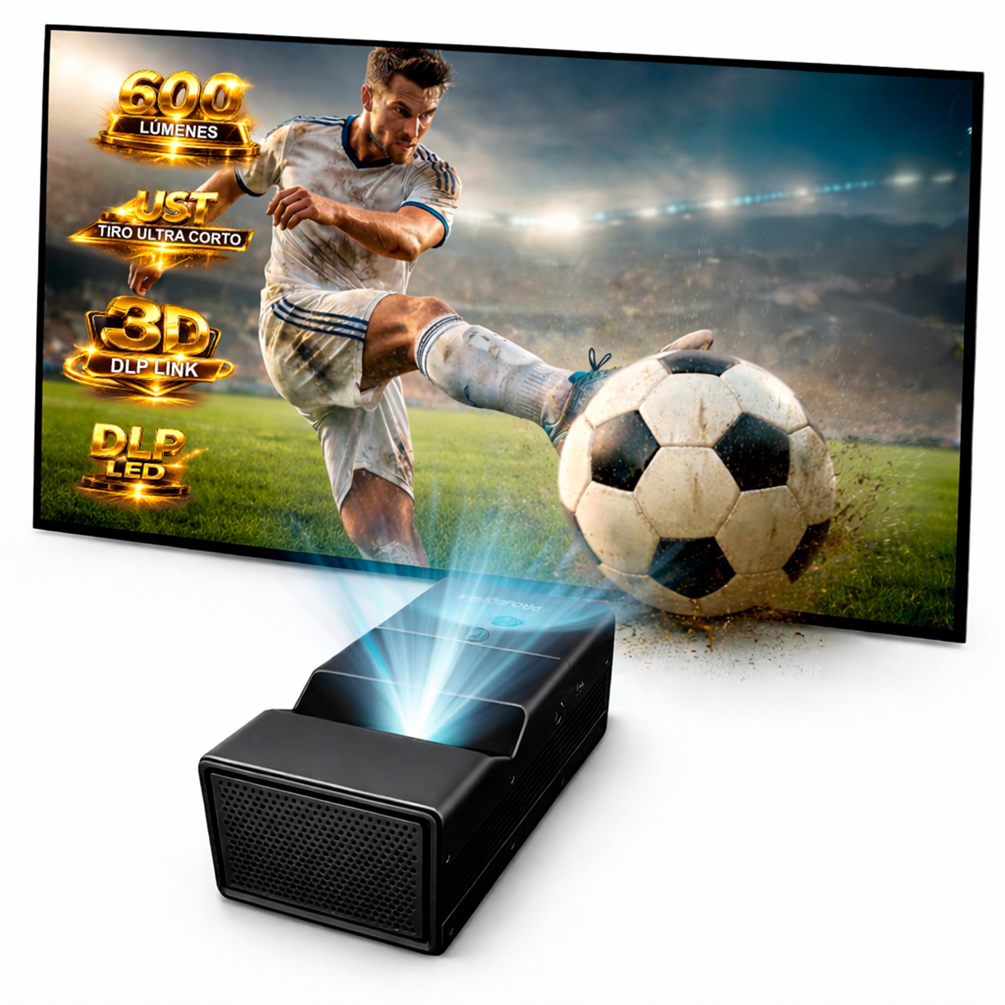 Proyector UST Tiro Ultra Corto, 600 lumens, Resolución nativa 1080p, DMD 0.23", 3D DLP Link soportado, 100" a 50cm, AndroidTV WiFi 2GB RAM y 16GB ROM, Bluetooth