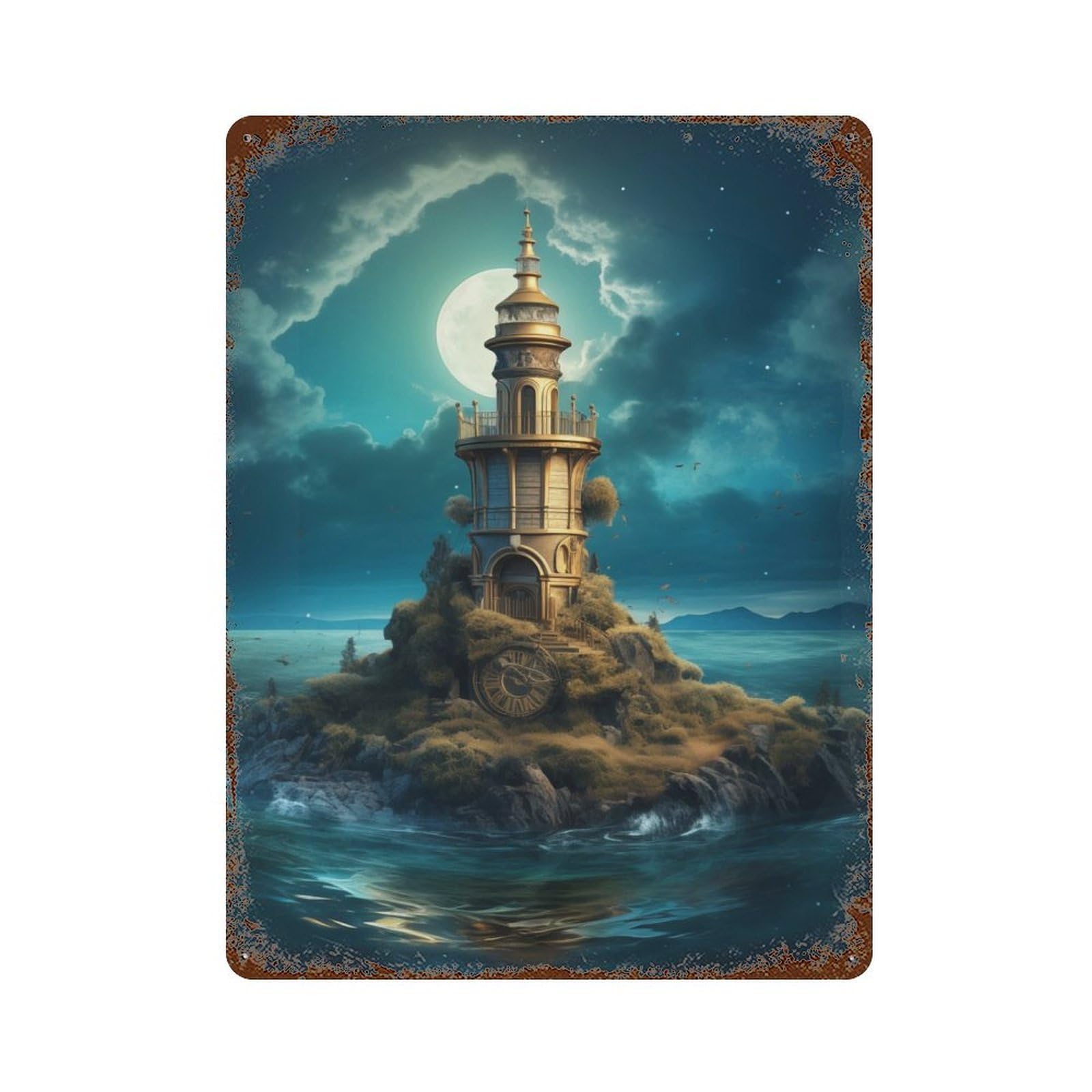 Weathered Tin Sign with Fantasy Lighthouse Design 15.7"x11.8", for Basement, Hobby Room And Garage Decor, Industrial Home Decor