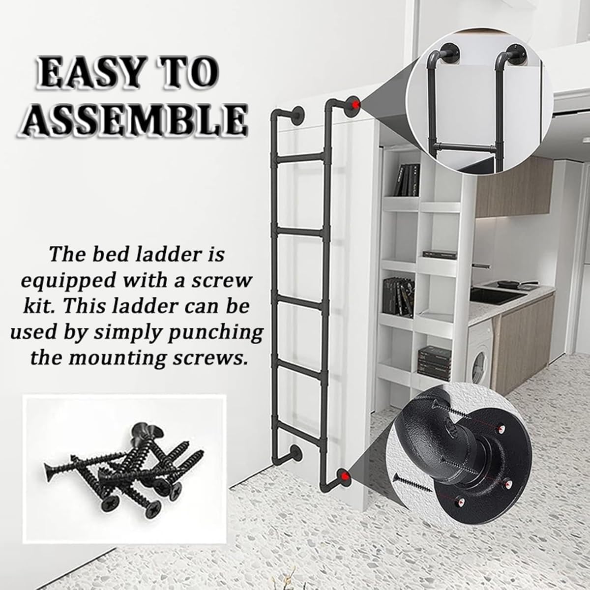 2.5m Wall Mounted Bunk Bed Ladder - Metal Loft & Egress Ladder for Attic, RV, Library, Deck, Dorm - Easy Install Emergency Fire Climbing Step (White)