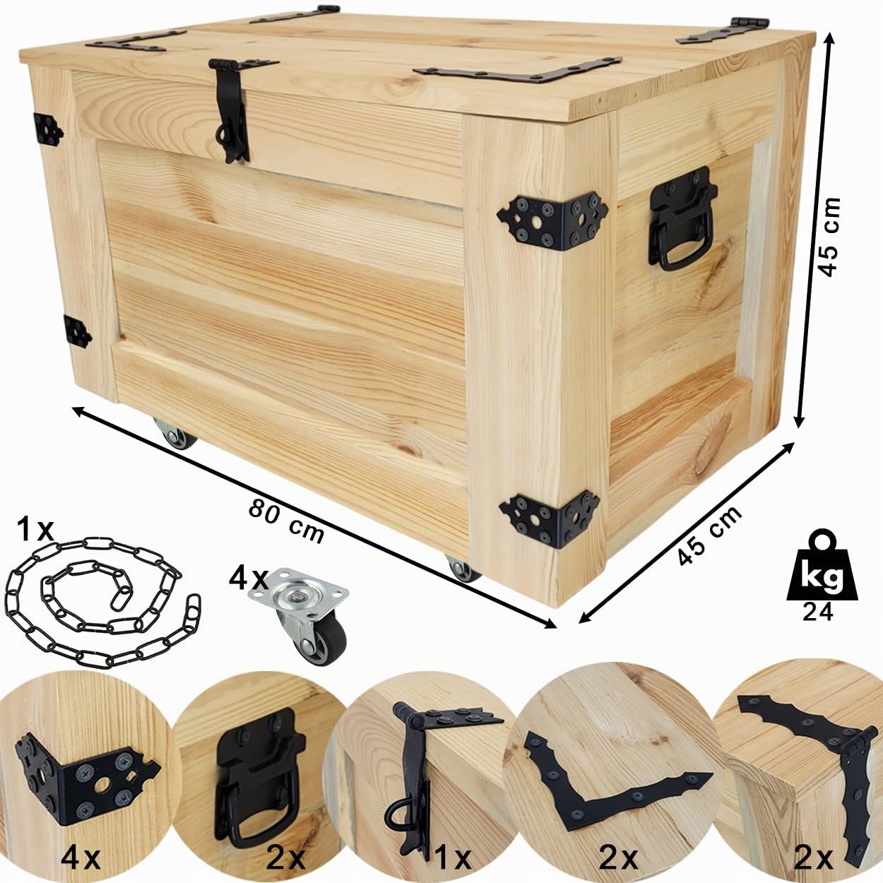 weeco Holzkiste mit Rädern 80x45x45cm, Hölzerne Truhe unbemalt rohes Holz Malen Sie die Kisten in einer beliebigen Farbe, Beistelltisch im Vintage-Shabby-Chic-Stil, aufklappbare Platte und Stauraum