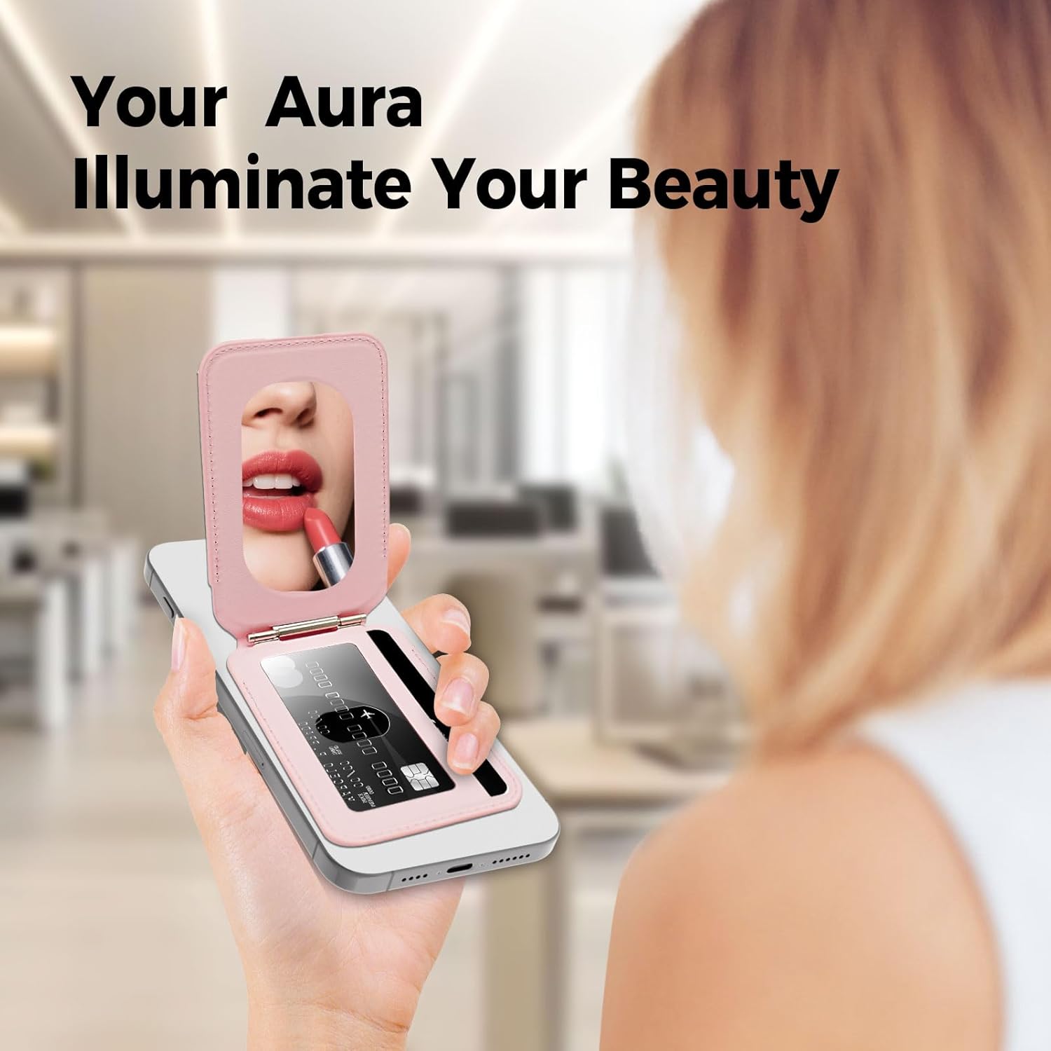 Magnetic Phone Wallet With Makeup mirror ，4 Card Holder with Adjustable Stand,RFID-Blocking Magsafe Wallet for iPhone 17/16/15/14/13/12 Pro Max Air Series Cases (Pink) - Image 2