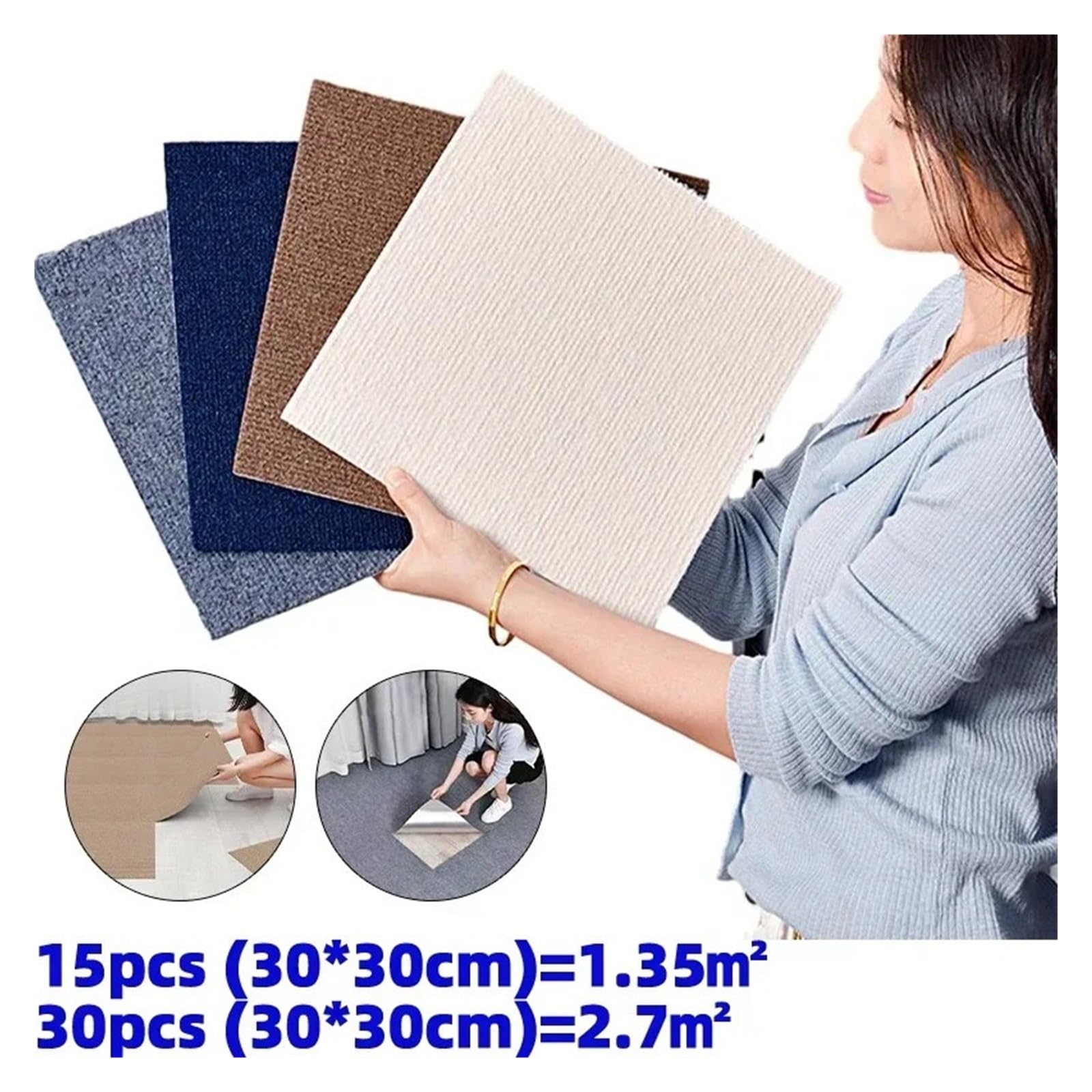 Moqueta Adhesiva Alfombra autoadhesiva for suelo, baldosas, pegatinas cuadradas, tapete despegable, bricolaje, for cocina, comedor y dormitorio(Black,30pcs)