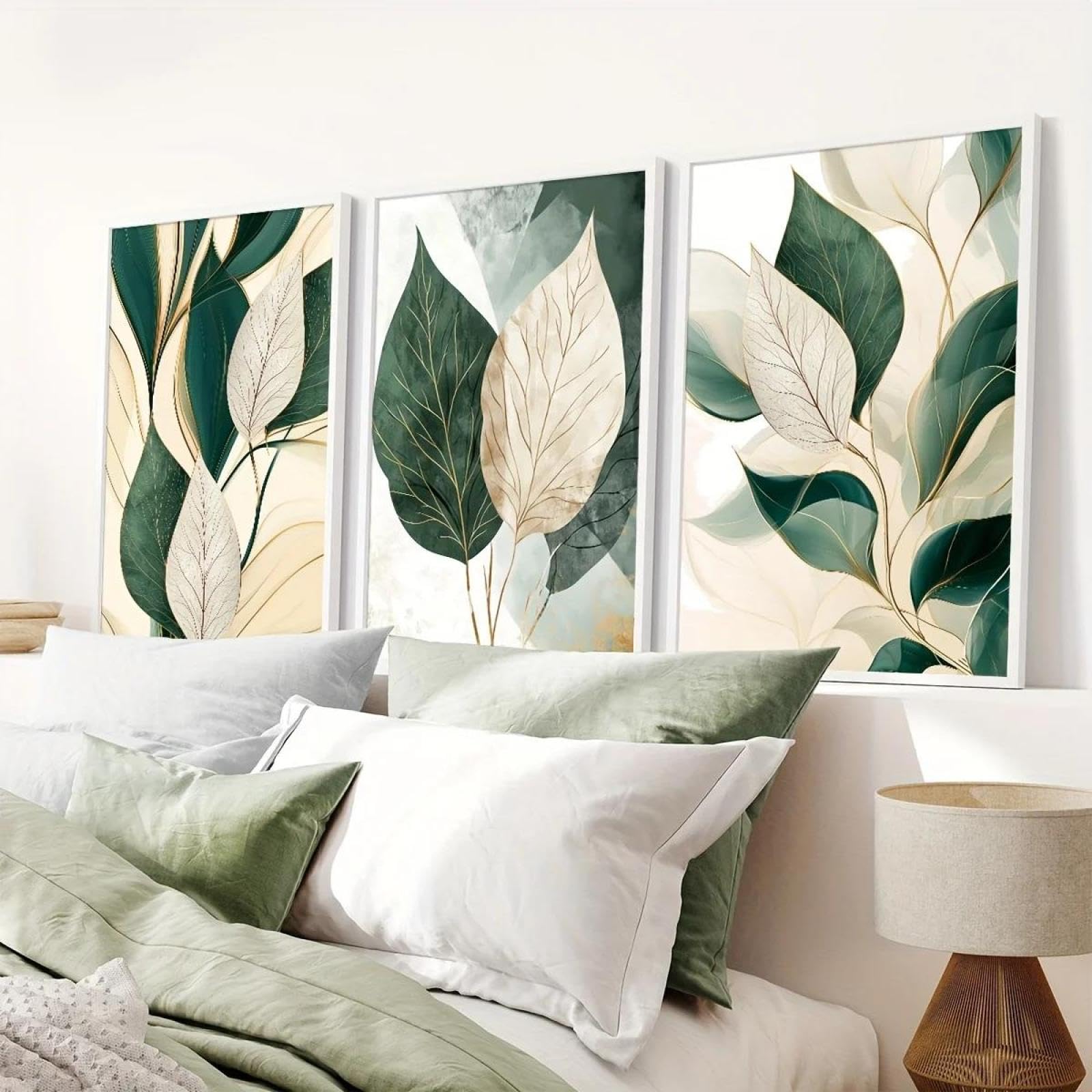 Baibexing Abstract Beige Green Leaf Canvas Painting Poster And Prints Wall Art Picture For Office Living Room Home Decor 40X60Cmx3Pcs Unframed