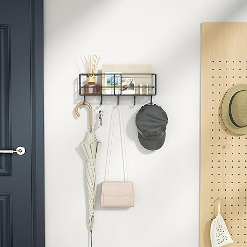 Miniatura 3 de SRIWATANA Soporte para llaves de pared, organizador de correo con cesta de almacenamiento de metal, soporte para llaves con 5 ganchos para entrada,