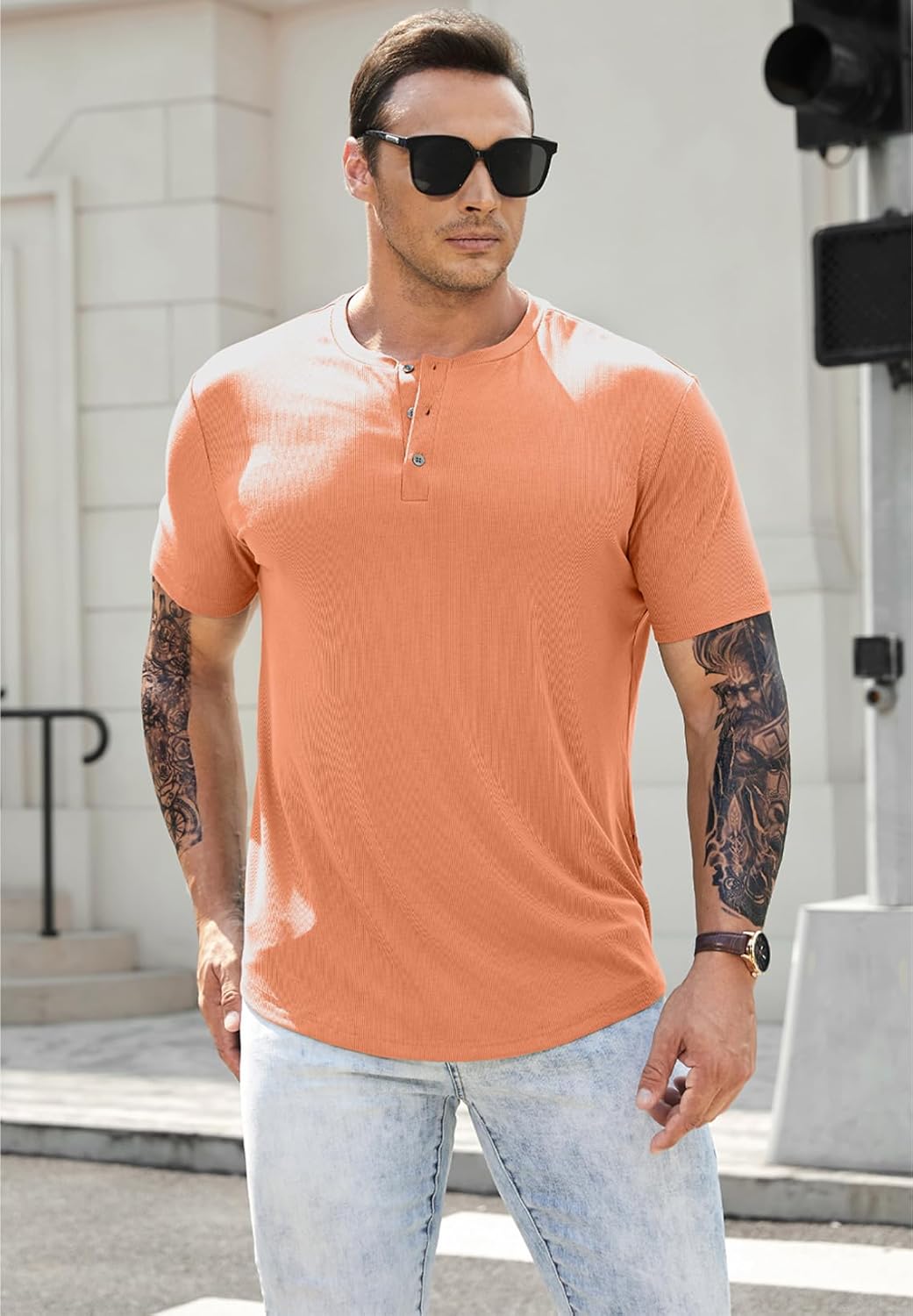 Herren Muscle Slim Henley Shirts Crewneck T-Shirt Gym Training Sport Shirt Tees - Bild 89 von 146
