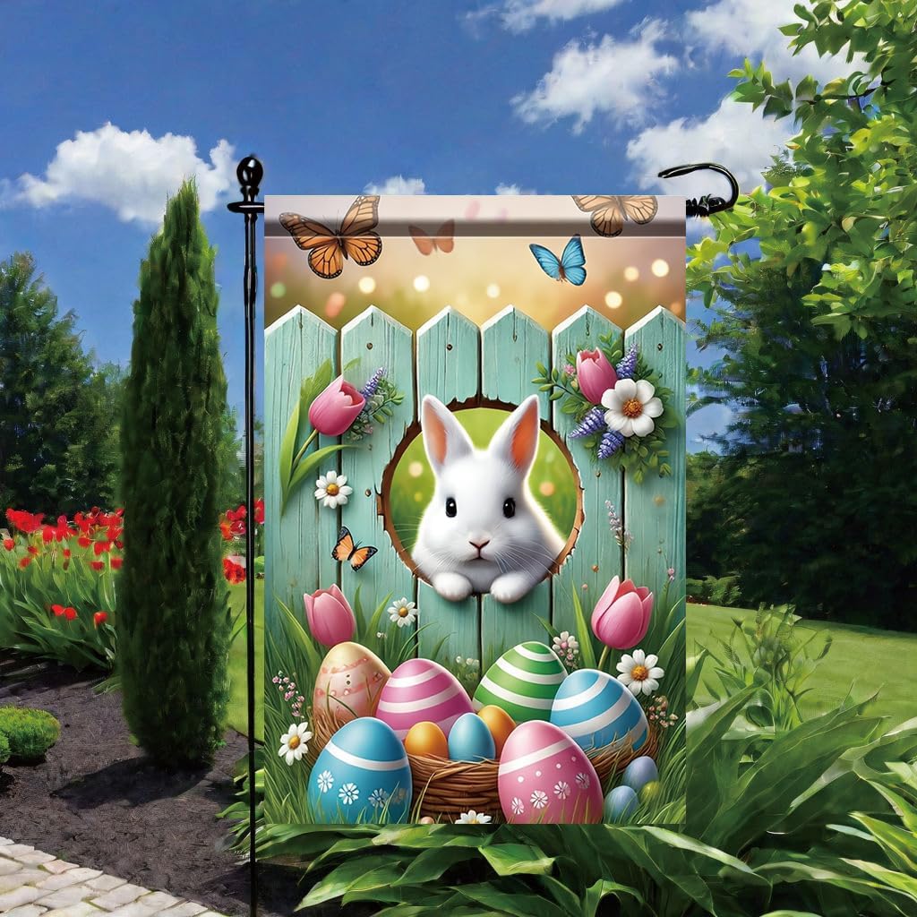 Easter Bunny Fence Garden Flag 12x18 Inch Double Sided Spring Egg Floral Yard Banner Cute Rabbit with Tulips and Butterflies Outdoor Decoration for Porch Lawn Home - Image 5