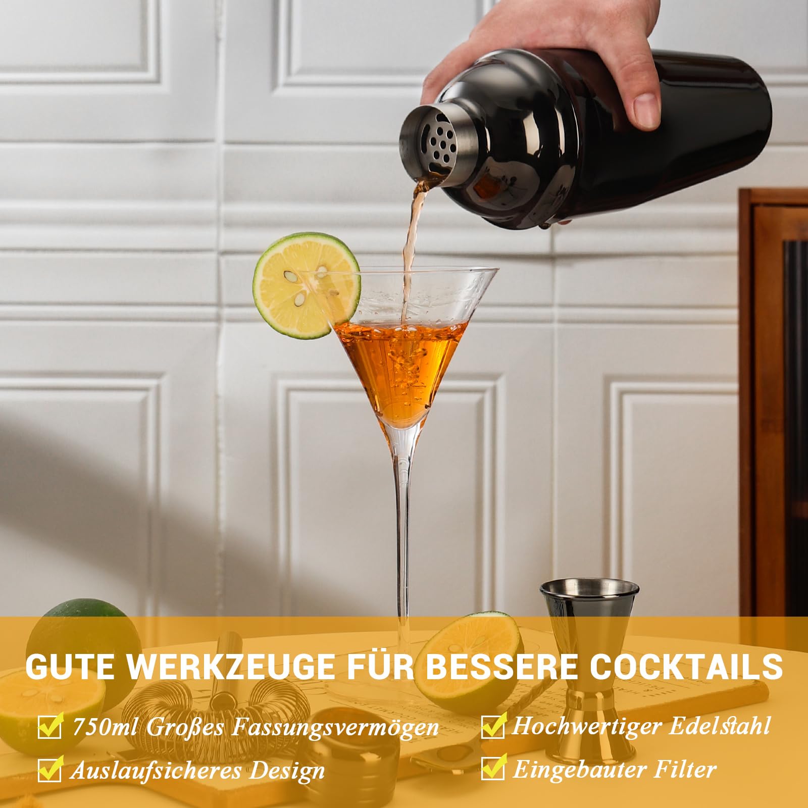 Cocktail Shaker Set, Edelstahl Cocktail Set mit 12 teiligem Bar Zubehör, 750ML Shaker Barkeeper Set mit Ständer, Cocktail Maschine Bar Set für Zuhause, Geschenke für Männer Dad Barkeeper (Schwarz)
