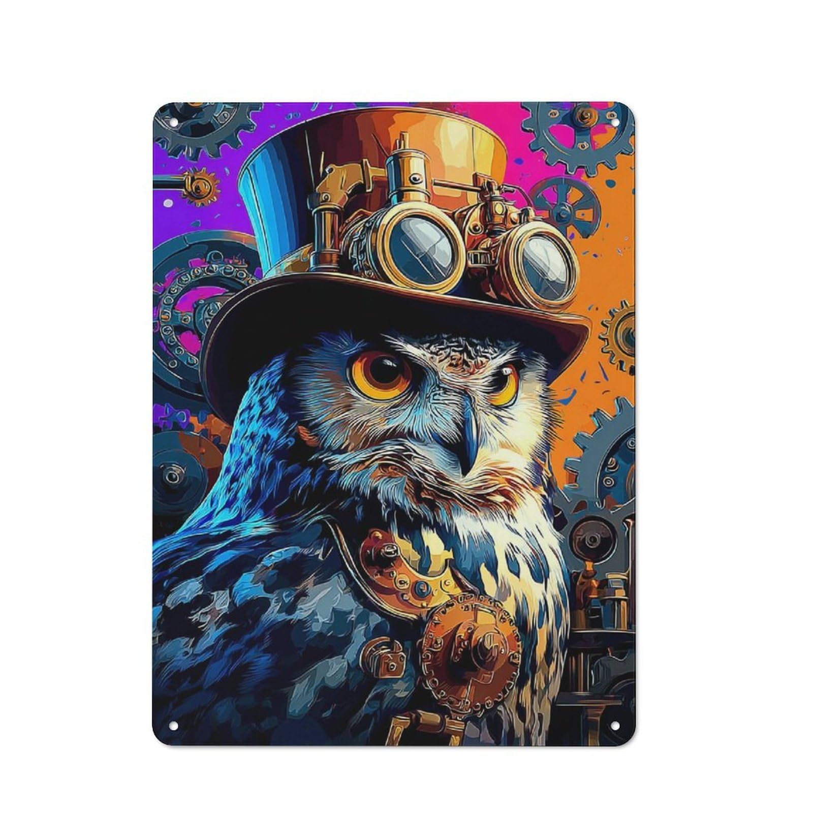 Junmoney Steampunk Owl Art Print Retro Metal Sign With Design 40X30cm, Distressed Look Retro Room Decor For Living Room, Hallway, Kitchen Or Cafe