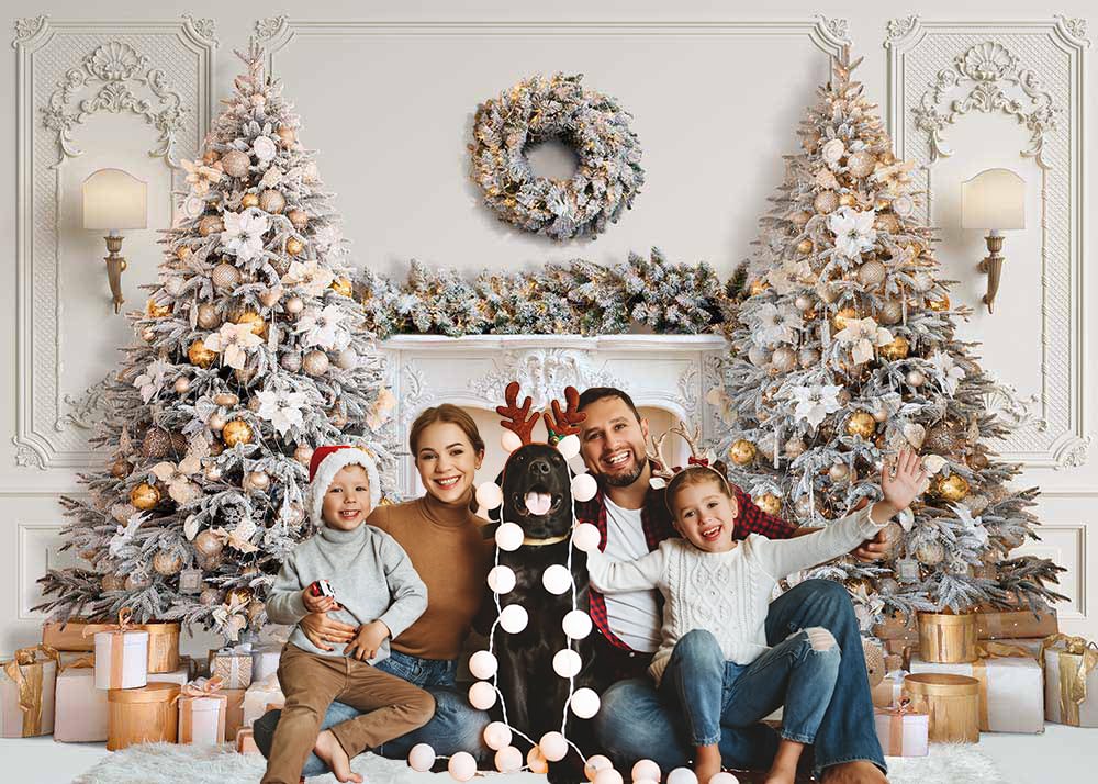Avezano Sfondo natalizio con caminetto bianco invernale con albero di Natale, decorazioni per feste di famiglia e accessori per cabina fotografica (3 x 2,1 m)