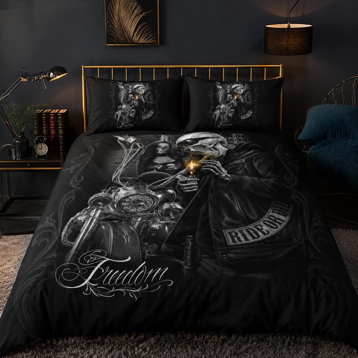 Punk Duvet Cover King Size, Soft Reversible Quilt Cover with Demon Magic Motorcycle Pattern, King Size Bedding Sets Microfibre with Zipper Closure, Comforter Cover and 2 Pillowcases, 230x220 cm, Z07