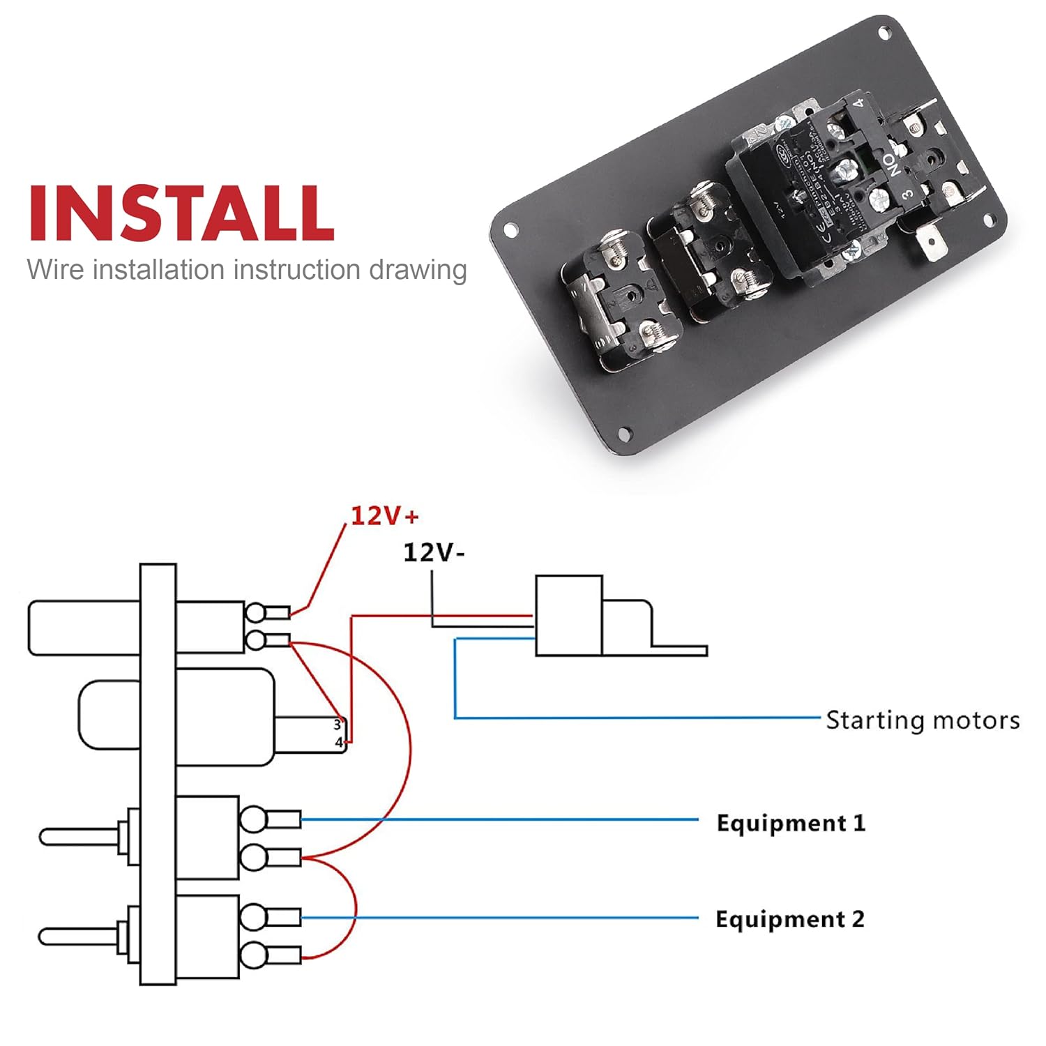 12V 30A 4-in-1 Ignition Panel Kit, Aluminum Alloy Switch Panel with Engine Start Button, Red LED Toggles & Aircraft Cover, Pre-drilled for Racing Car, Boat, RV, Truck