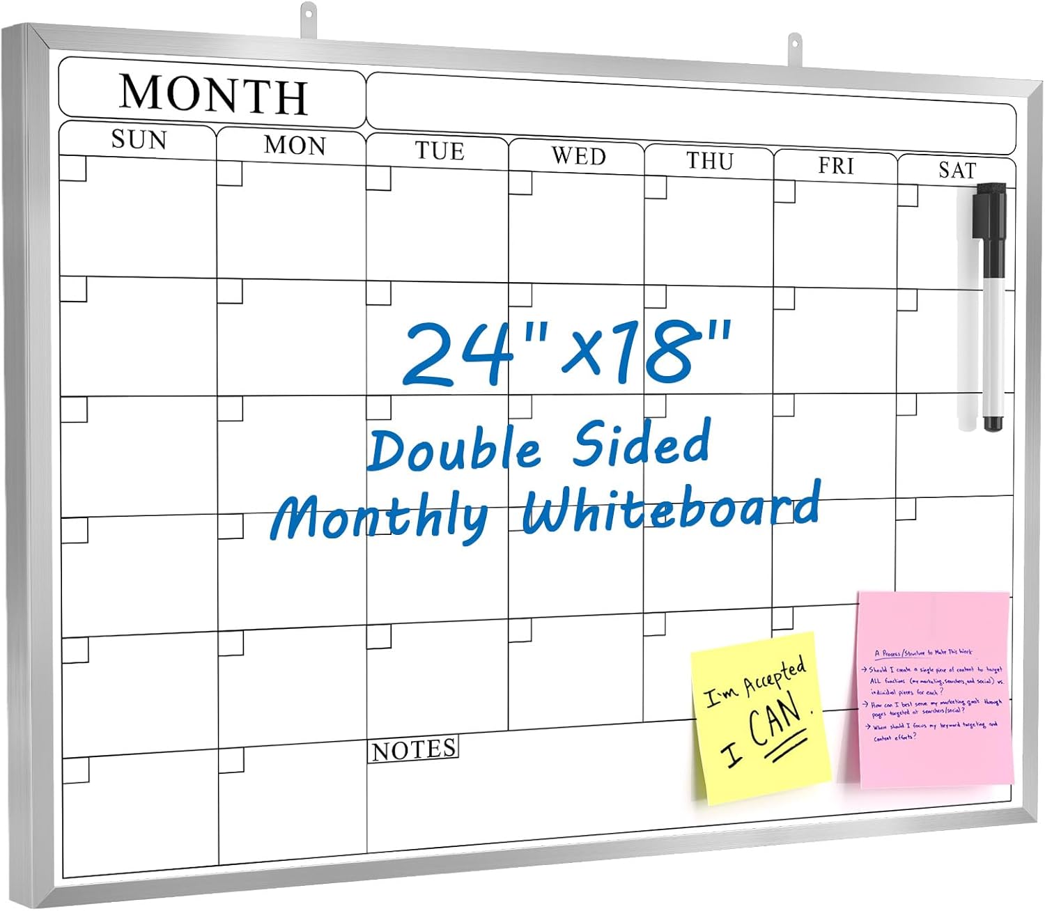 MaxGear Dry Erase Calendar Board 24" x 18" Magnetic Monthly Double-Sided Calendar Whiteboard with Silver Aluminum Frame for Wall, Classroom, and Office Use