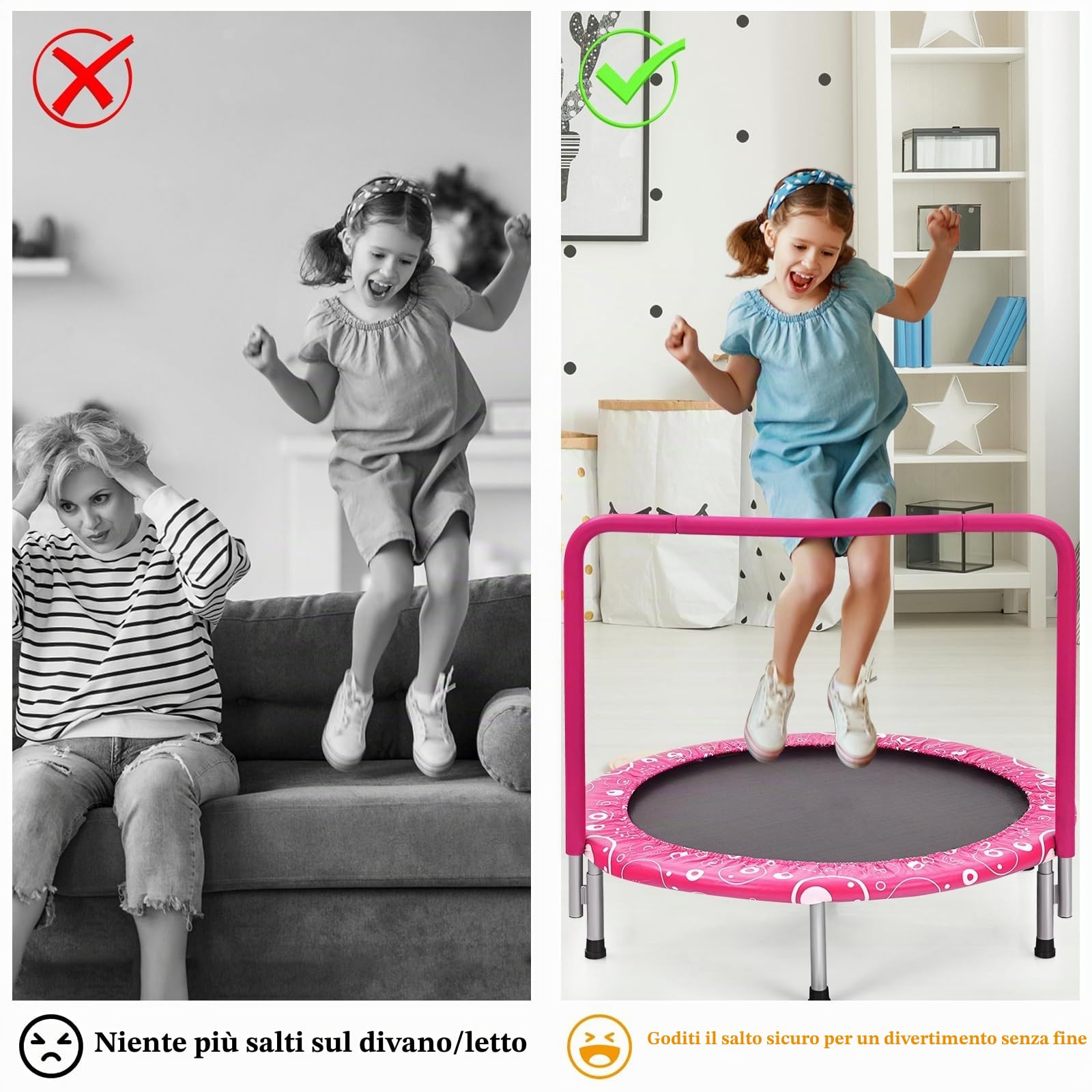 GYMAX Trampolino Pieghevole per Bambini, Trampolino Elastico con Maniglia Staccabile, con Struttura in Ferro, Portata 150 kg, Ideale per Interno ed Esterno, 92x92x80 cm (Rosa)