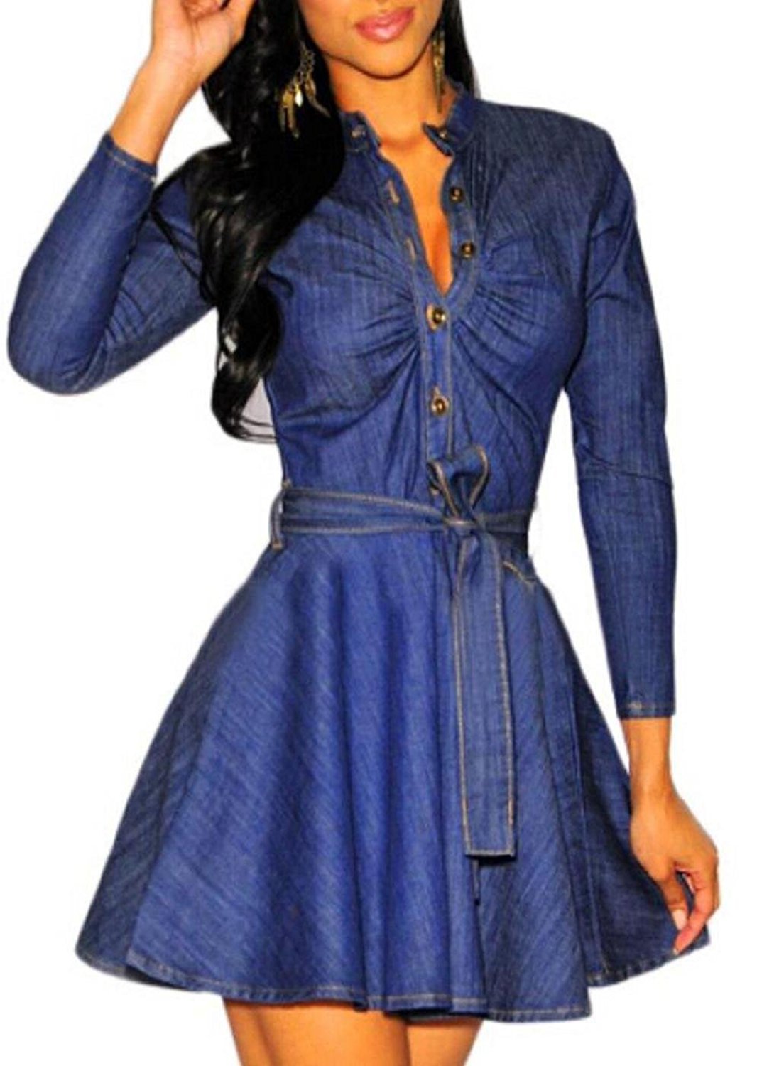 Womens Long Sleeve V Neck Denim Belted Skater Dress Shirt | Desertcart  Saint Vincent and the Grenadines