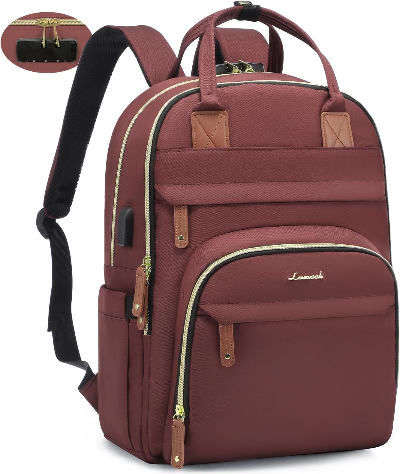 LOVEVOOK Laptop Backpack for Women, 15.6 Inch, Red Brown, Red Brown, 15.6 Inch