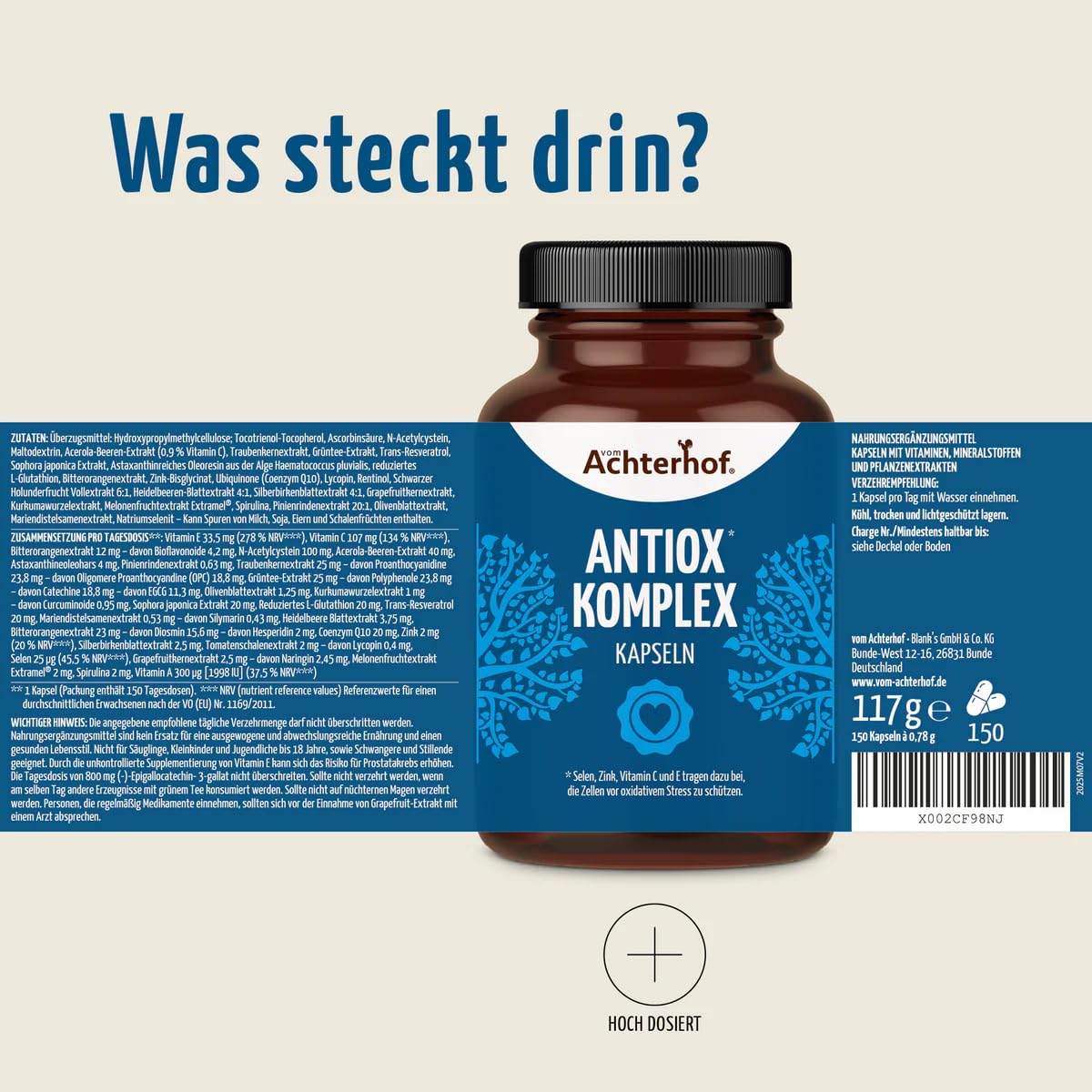 Antiox Komplex Kapseln 125 Stück | mit 23 antioxidativen Pflanzen und Essenzen | mit Selen, Zink, Vitamin C und E | für 150 Tage | Achterhof