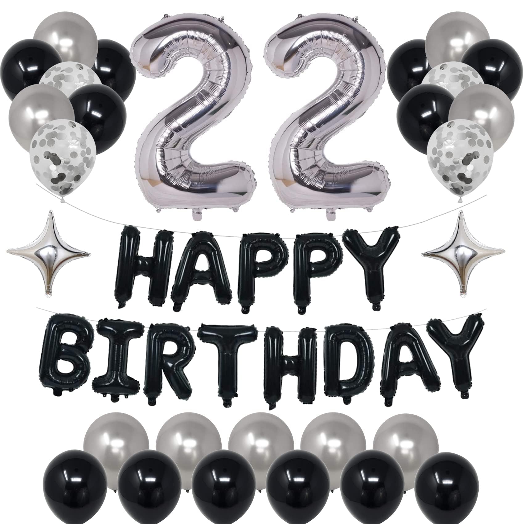 NANINUNENO 22nd Black Silver Birthday Party Decorations for Men Women, Happy 22 Birthday Party Supplies with Black Happy Birthday Banner,22 Number