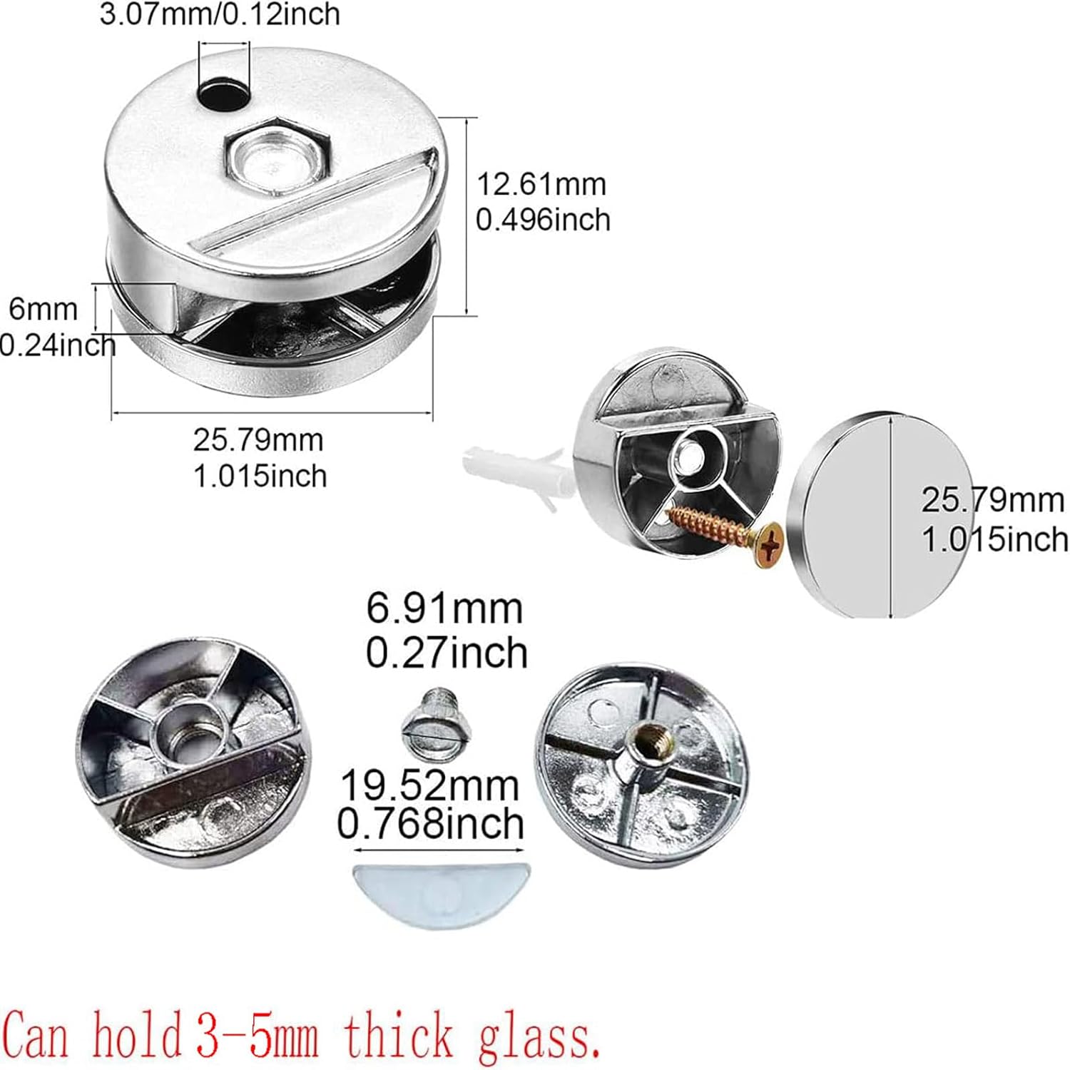 Zinc Alloy Mirror Floating Glass Clip - Round Mounted Mirrors Bracket - Bathroom Fitting - 8 Pieces