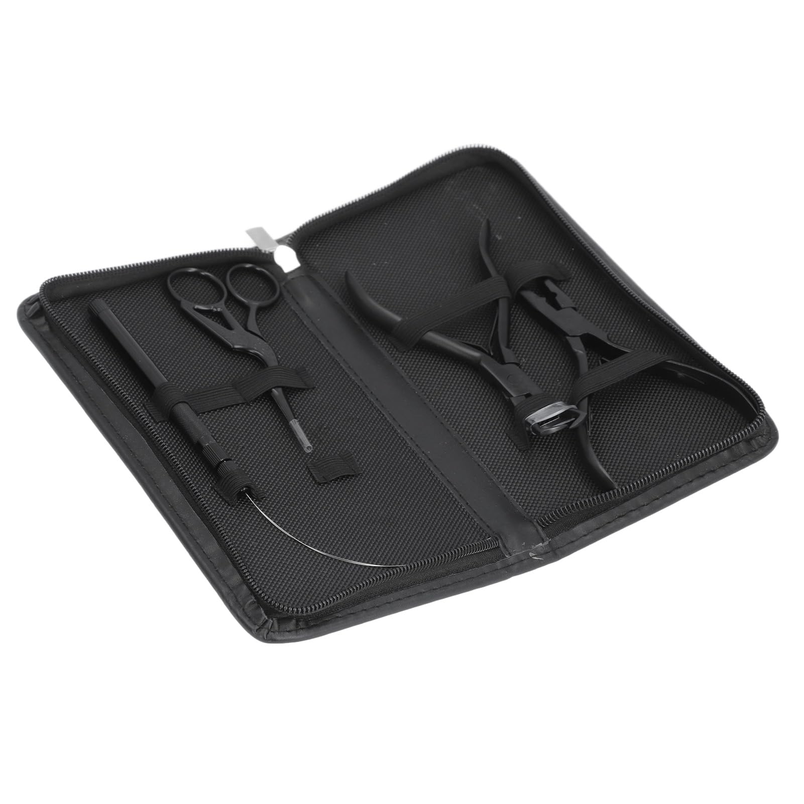 Walmeck Le Kit D'outils D'extension de Cheveux Comprend 4 Pinces en Acier Inoxydable, Boucle de Fil, Crochet Perles, Aiguille, Petits Ciseaux avec Sac Rangement pour Extensi (noir)