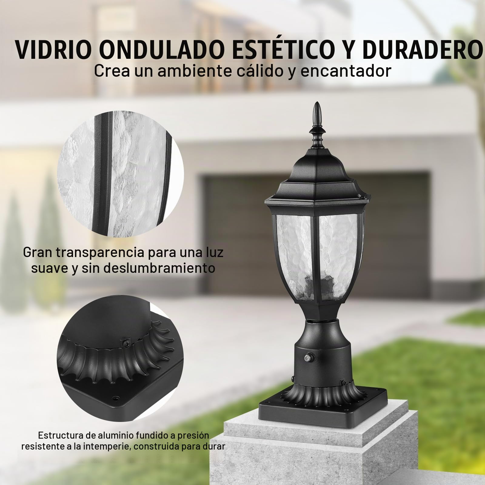 VEVOR 2 PCS Farolas Exteriores de Anochecer al Amanecer, 390 mm, Resistentes al Agua con Base de Montaje en Pilar de 9 cm, Pantalla de Vidrio Farola Exterior a Prueba de Rayos para Patio, Jardín
