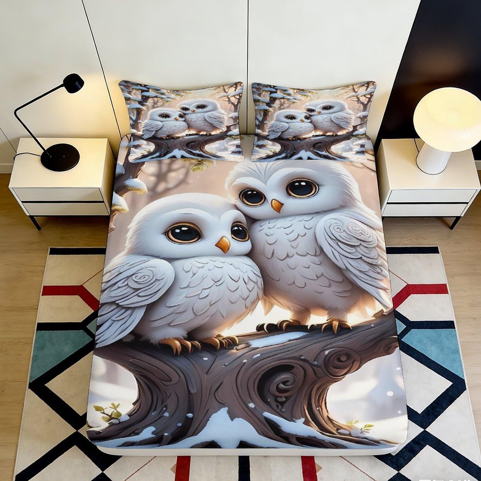3D Printed Cute White Owl Fitted Sheet Microfiber Soft Anti-Slip Forest Tree Branch Bed Cover for Bedroom Guestroom Decor 90x200x25cm