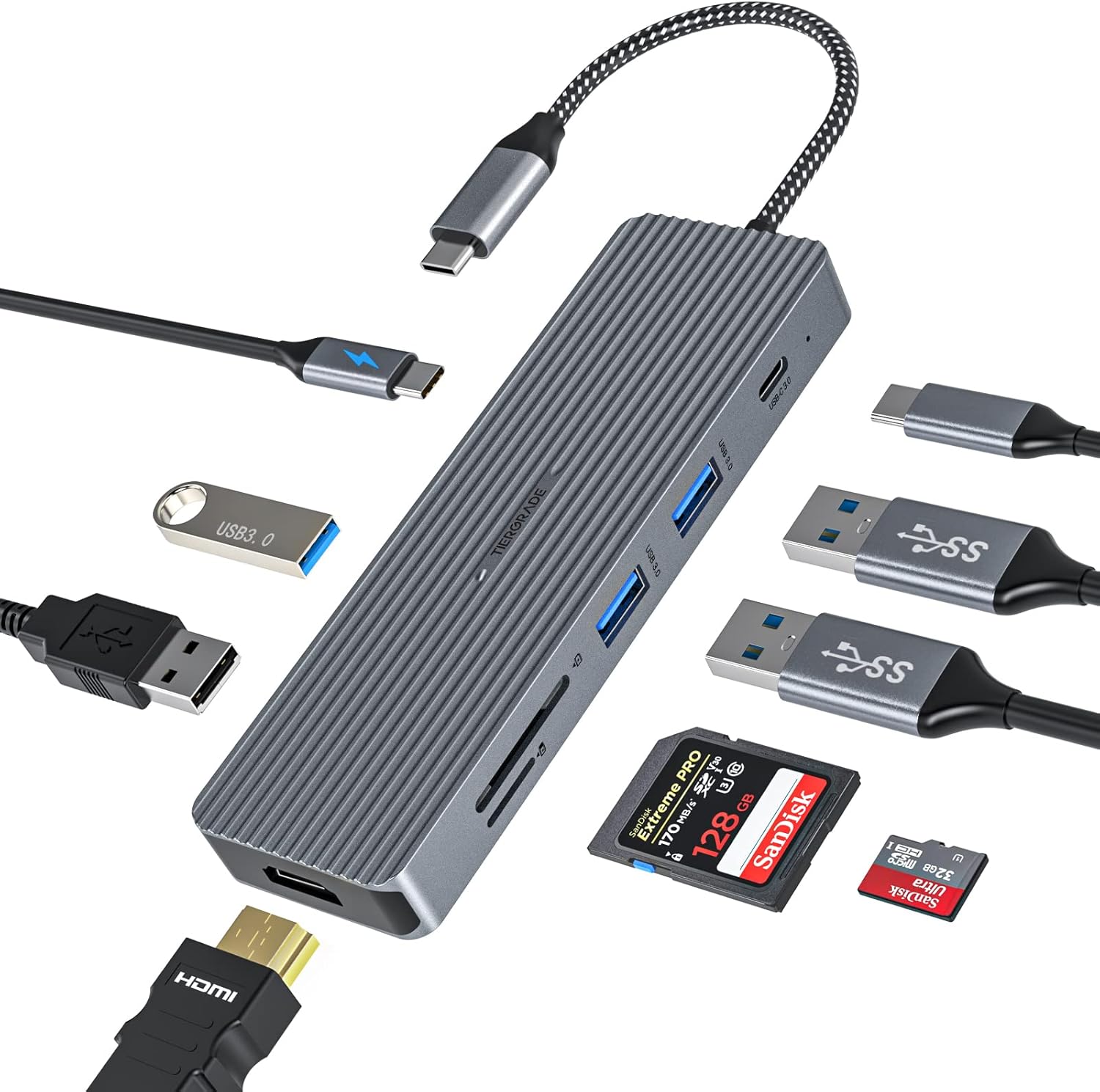USB C Hub, Tiergrade 9 in 1 Type C Adapter with 4K HDMI, 100W PD, 3 USB-A and USB-C 3.0 Data Port, USB 2.0, TF/SD Card Reader, Type C Dock for MacBook and More Type-C Device