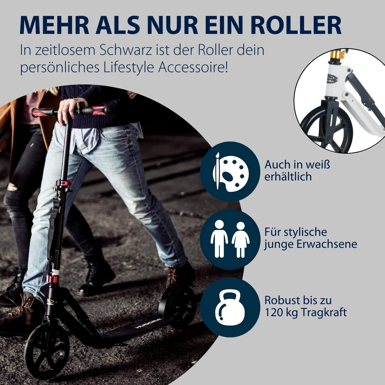 HUDORA BigWheel Style 230 Scooter - Stabiler Aluminium-Roller mit großer Trittfläche - Höhenverstellbarer & zusammenklappbarer Cityroller für bis zu 120kg - Tretroller für Jugendliche & Erwachsene
