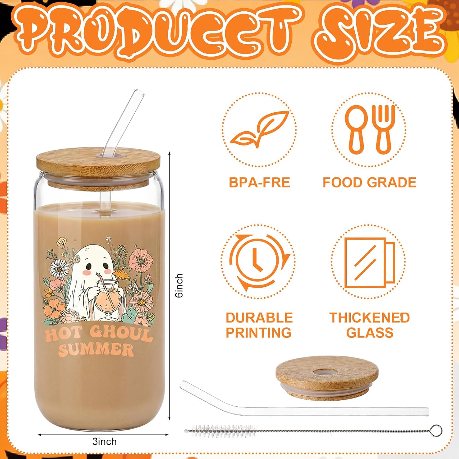 Vesici Halloween Ghost Glass Cup with Lid and Straw