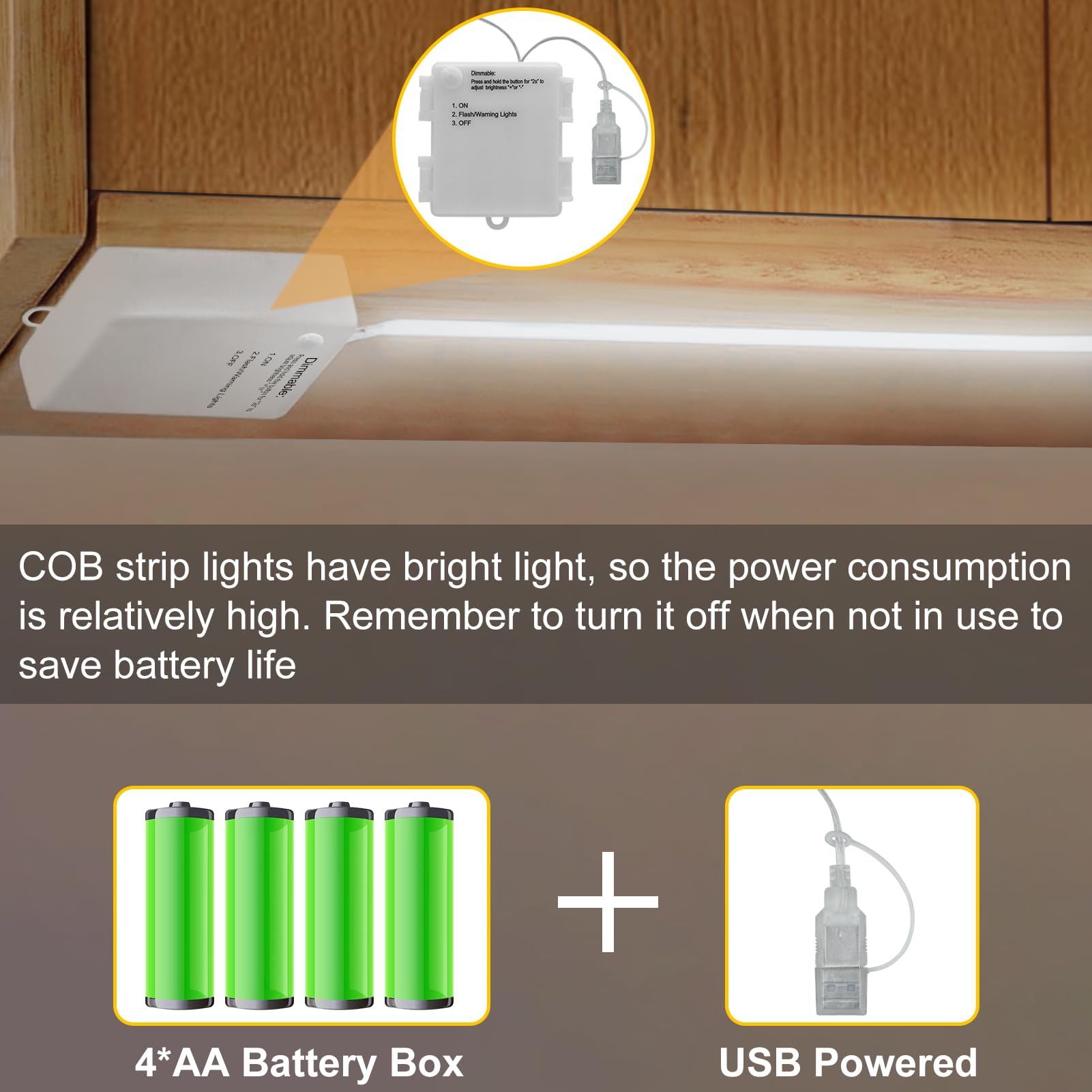 LumBelle COB LED Light Strip Battery Operated, 6.6ft 640 LED Dimmable Strip Lights Cuttable Flexible LED Strip for TV, Cabinet Bedroom Kitchen Home Decoration DIY Lighting 6000k Cool White