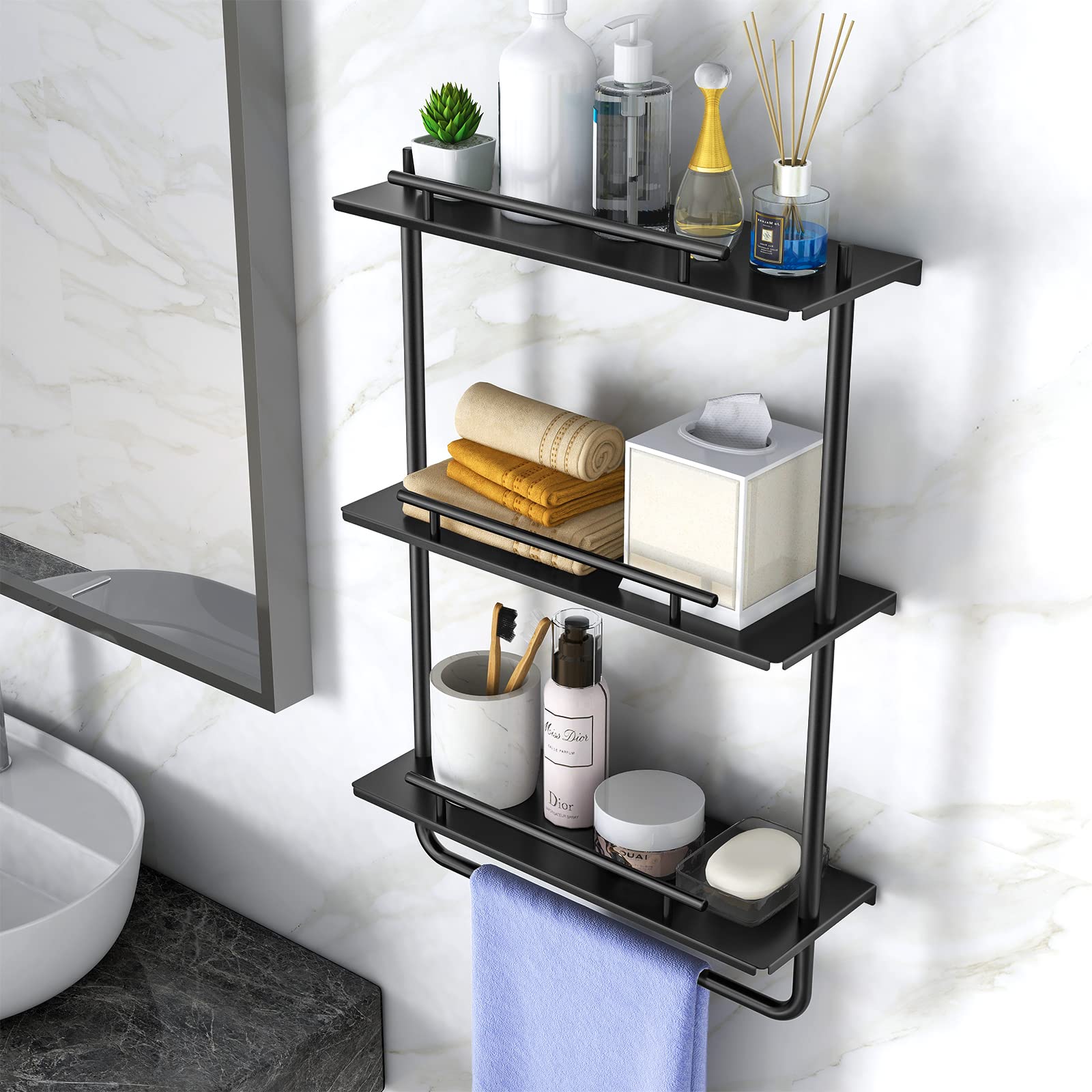 Floating Shelves, 3 Tier Wall Mounted Metal Floating Shelves Black with Frame and Towel Rack for Bathroom, Living Room, Bedroom, Kitchen