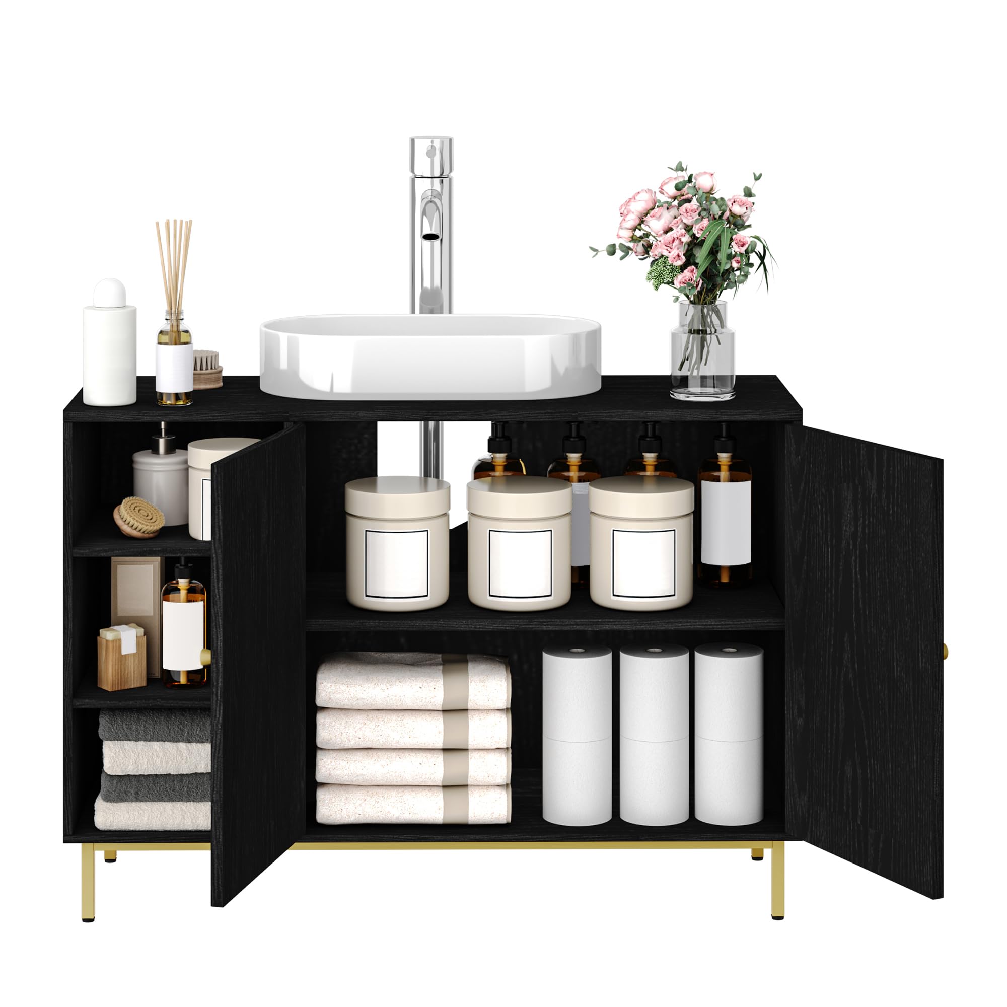 Hzuaneri Mueble Bajo Lavabo, Armario de Baño, con 2 Puertas, 2 Compartimentos, Balda Ajustable en Altura, Resistente a la Humedad, 30 x 90 x 63 cm, Negro BC09804G