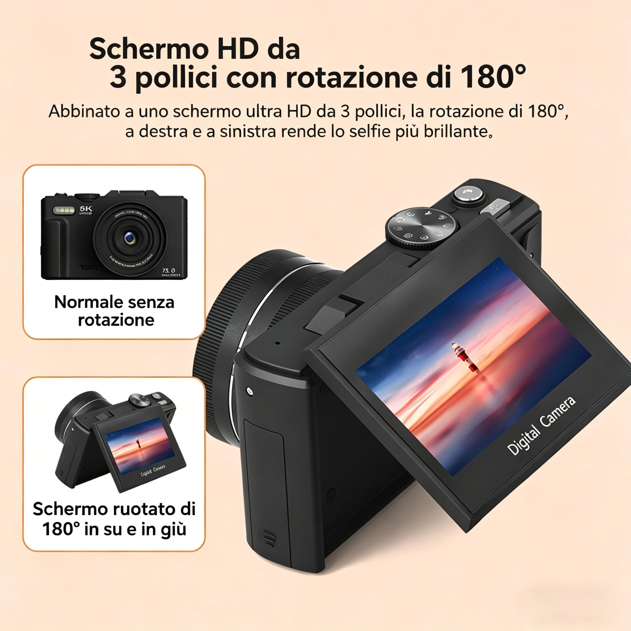 Optinexo 5K Digital Compact Camera Digitale con 18X Zoom Ottico, Schermo Orientabile 180°, 75 Milioni di Pixel, Scheda di Memoria 64 Gb Inclusa, Ideale per Viaggiatori e Principianti